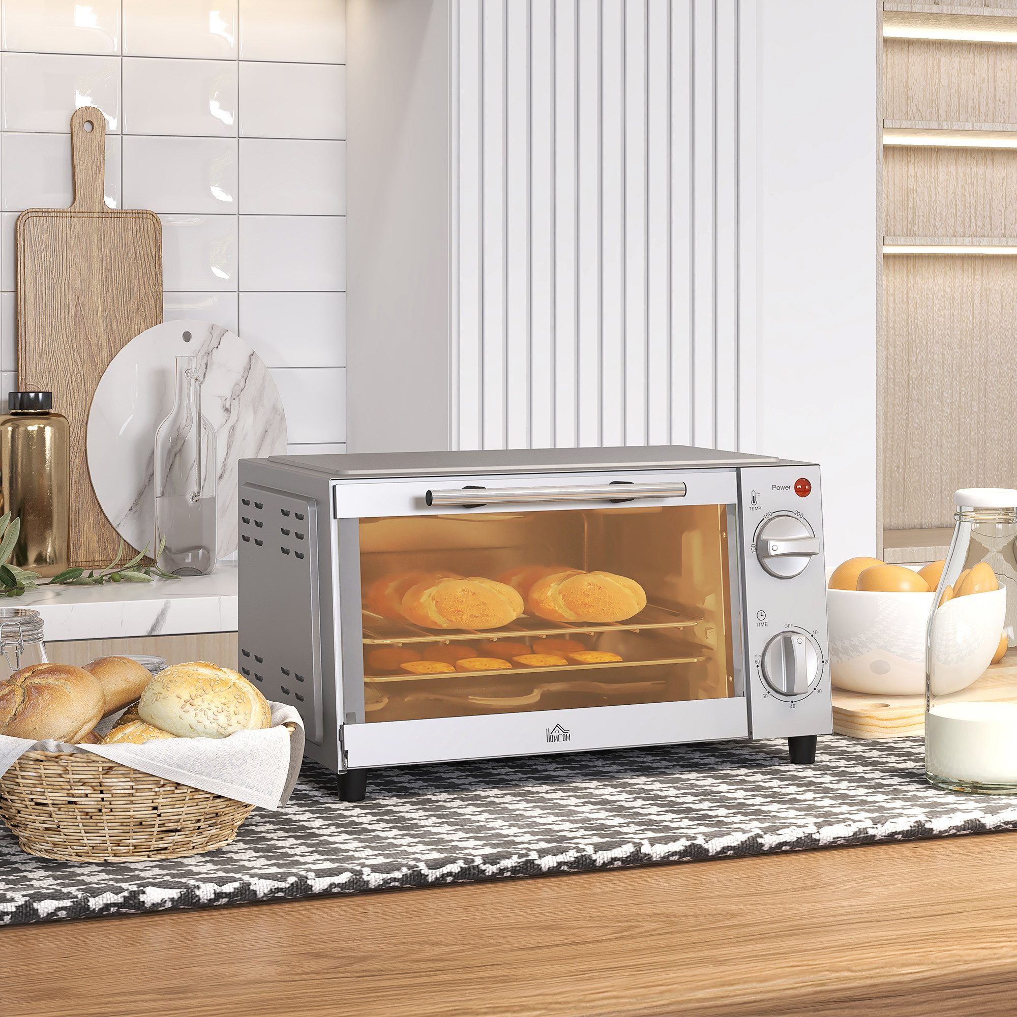 HOMCOM Minibackofen 9 L, 750W, mit Backblech, Grillrost, Temperaturbereich bis 230°C, zum Grillen, Backen, Toasten, Silber
