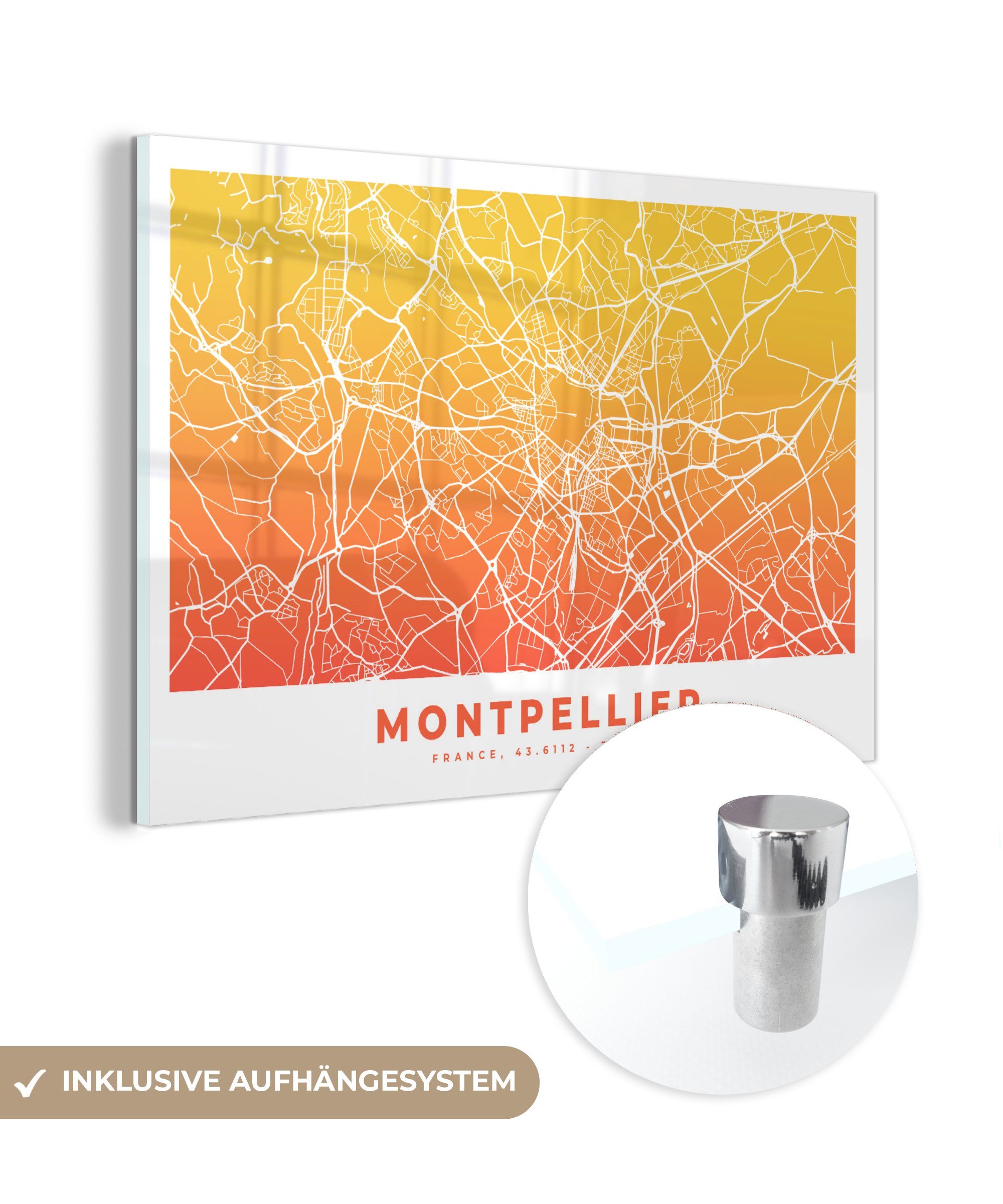 MuchoWow Acrylglasbild Montpellier - Stadtplan - Frankreich, (1 St), Acrylglasbilder Wohnzimmer & Schlafzimmer