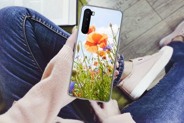 MuchoWow Handyhülle Blumen - Mohn - Frühling - Natur - Rot - Blau, Phone Case, Handyhülle OnePlus Nord, Silikon, Schutzhülle