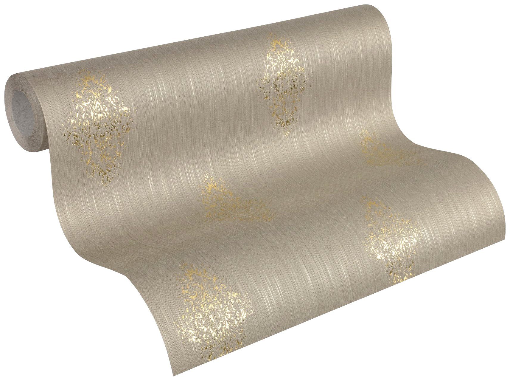 Metallic samtig, Tapete beige/bronzefarben Architects Luxury Barock Textiltapete wallpaper, Barock, Effekt Textil Paper