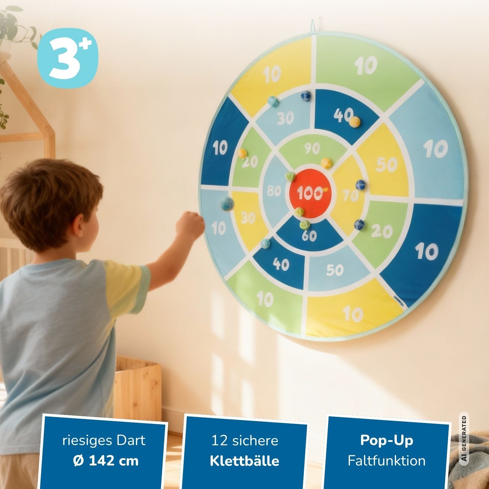 alldoro Softdarts XXL Dartscheibe 142cm – Klett-Dartspiel für Kinder ab 3 Jahren, riesige, faltbare Klettwurfscheibe zum Aufhängen, mit 12 bunten Bällen