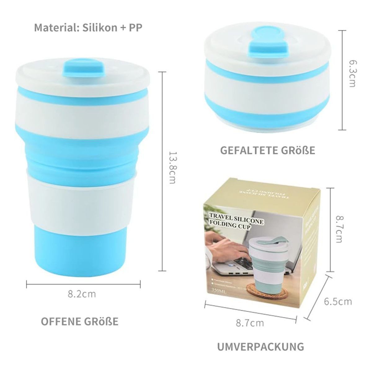 König Design Thermobecher Faltbecher 350ml, Silikon, Zusammenklappbar, BPA-frei, Reisebecher für Kaffee