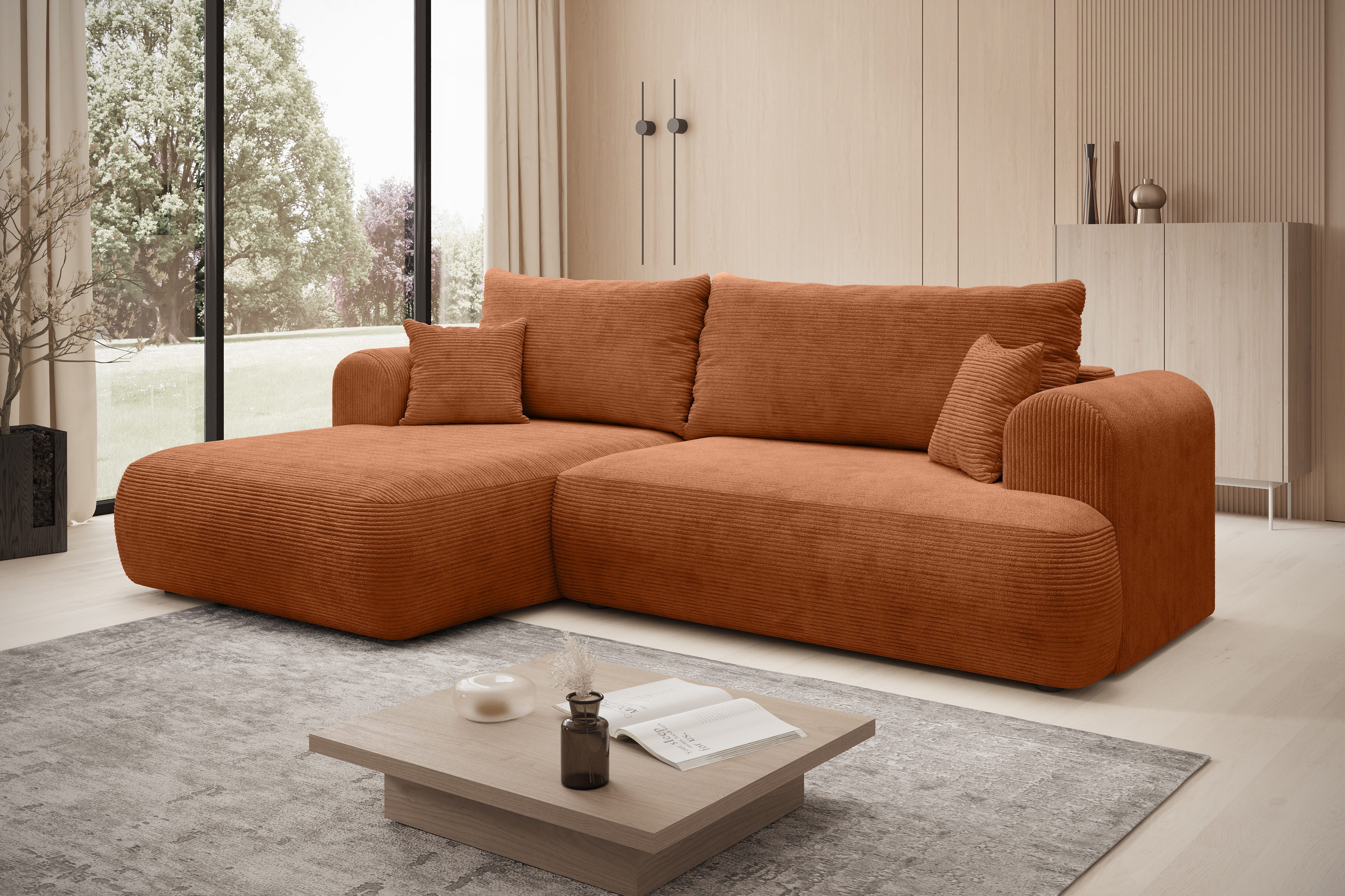 thematys Ecksofa mit Schlaffunktion und Bettkasten, L-Form, Cord und Bouclé + 2 Kissen, 260 x 165cm - Luxus Couch mit Bettfunktion mit Bonnellfedern