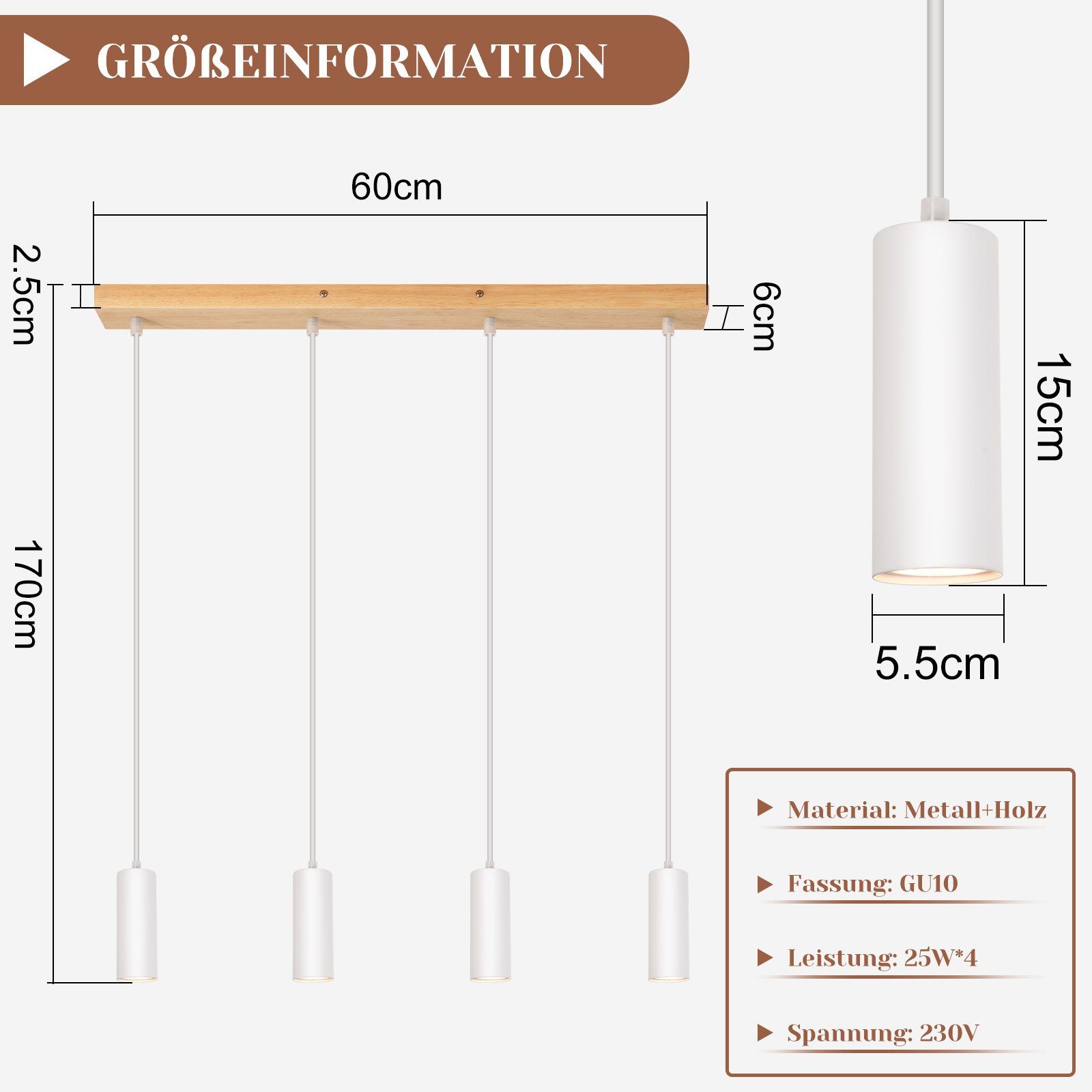 ZMH Pendelleuchte 4 Flammig Esstisch Innen Hängeleuchte ohne Esstischlampe Höhenverstellbar GU10, Lampe Modern Weiß für Leuchtmittel, Holz Matt Metall