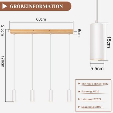 ZMH Pendelleuchte 4 Flammig Holz Esstisch Metall Matt GU10, ohne Leuchtmittel, Hängeleuchte Höhenverstellbar Modern Innen Lampe für Esstischlampe