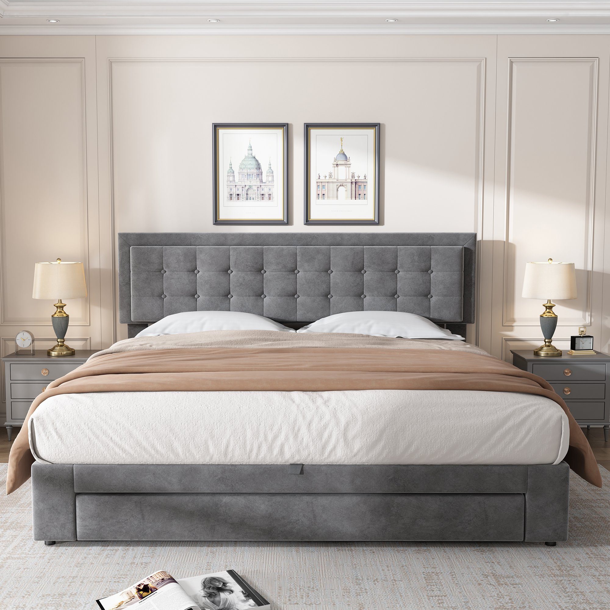 SOFTWEARY Polsterbett Doppelbett mit Lattenrost, Kopfteil Schubladen grau höhenverstellbar, und cm), Bettkasten (180x200 Samt