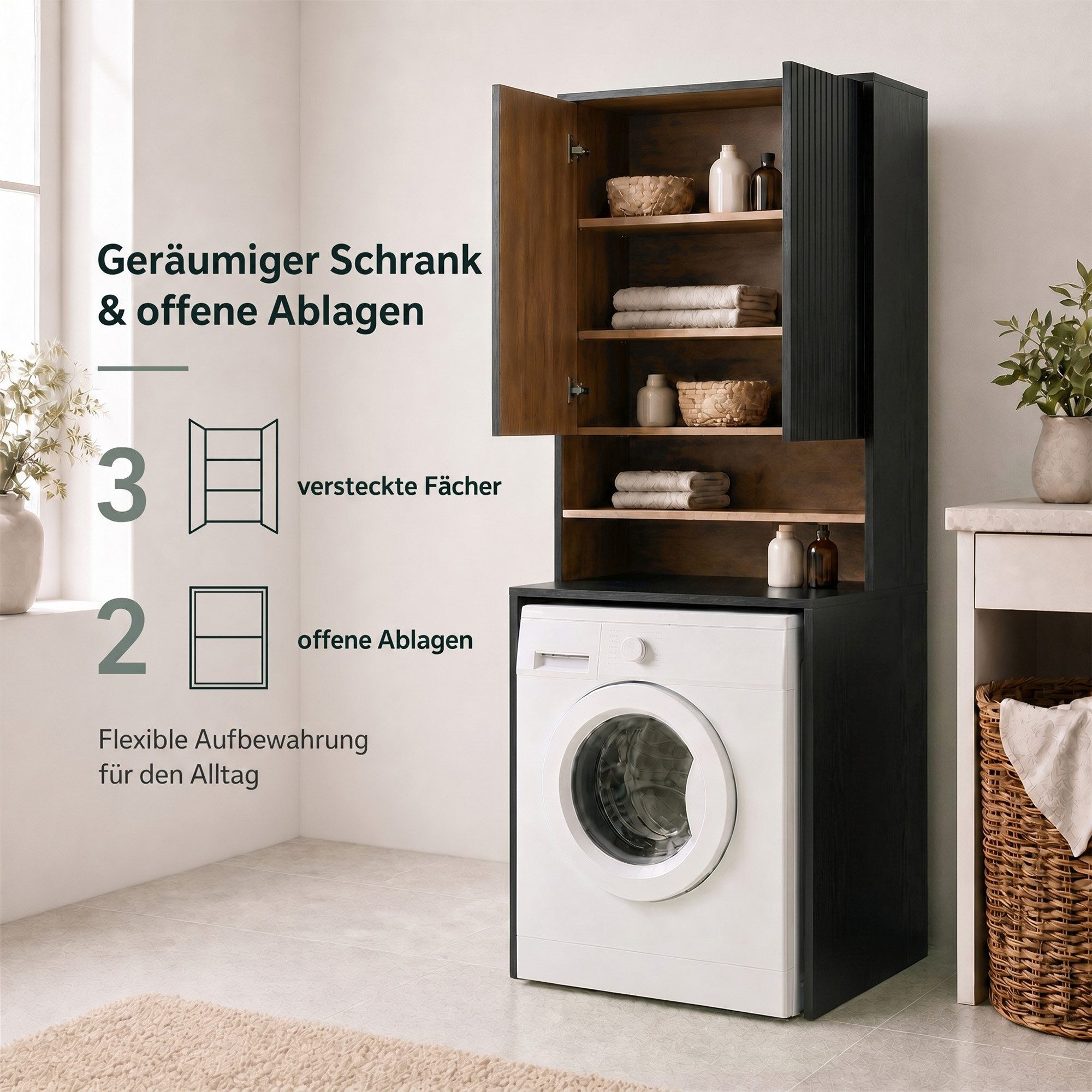 UEV Waschmaschinenumbauschrank mit 2 offen Ablagen & Verstellbare Ablagen, 68 x 50 x 190 cm Waschmaschinenschrank mit Kippschutz, Überbauschrank für Waschmaschine