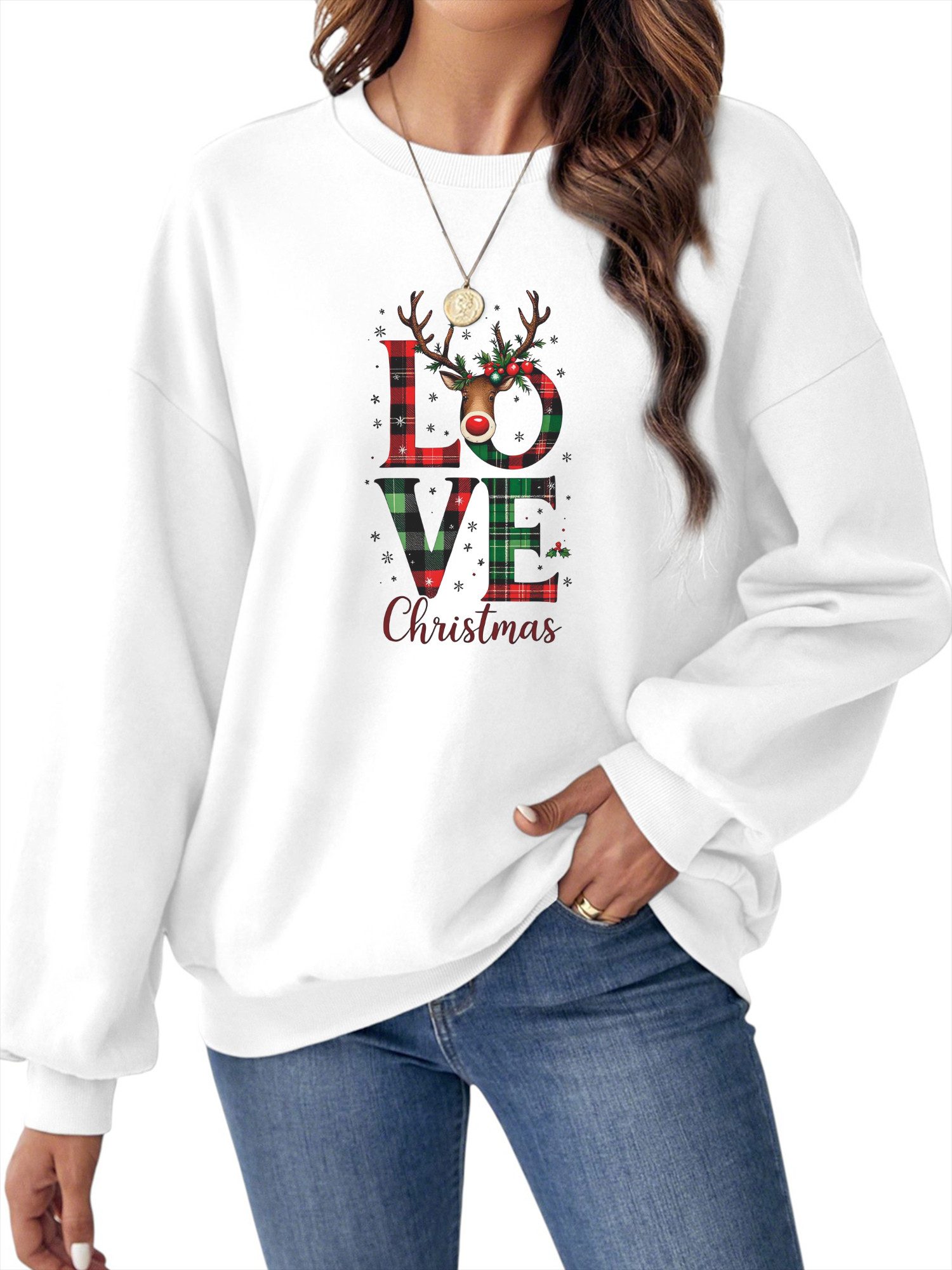 Sweatshirt Damen Pullover mit Weihnachten Print, loose Fleecepullove