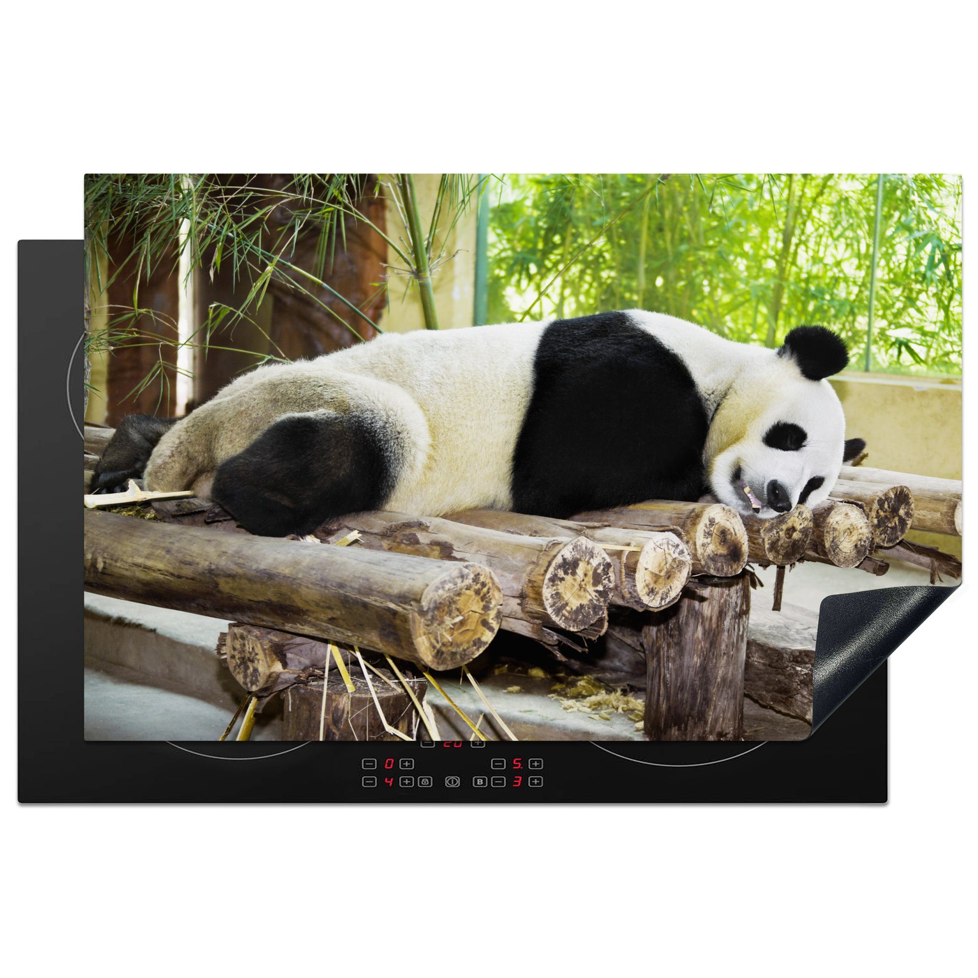 MuchoWow Herdblende-/Abdeckplatte Panda - Bambus - Schlafen - Balken, Vinyl, (1 tlg), 81x52 cm, Induktionskochfeld Schutz für die küche, Ceranfeldabdeckung