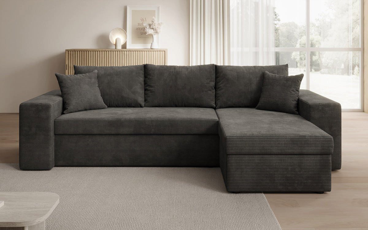 Luxusbetten24 Schlafsofa Designer Sofa Denver, Schwarz, Bezug Cord, Rechts