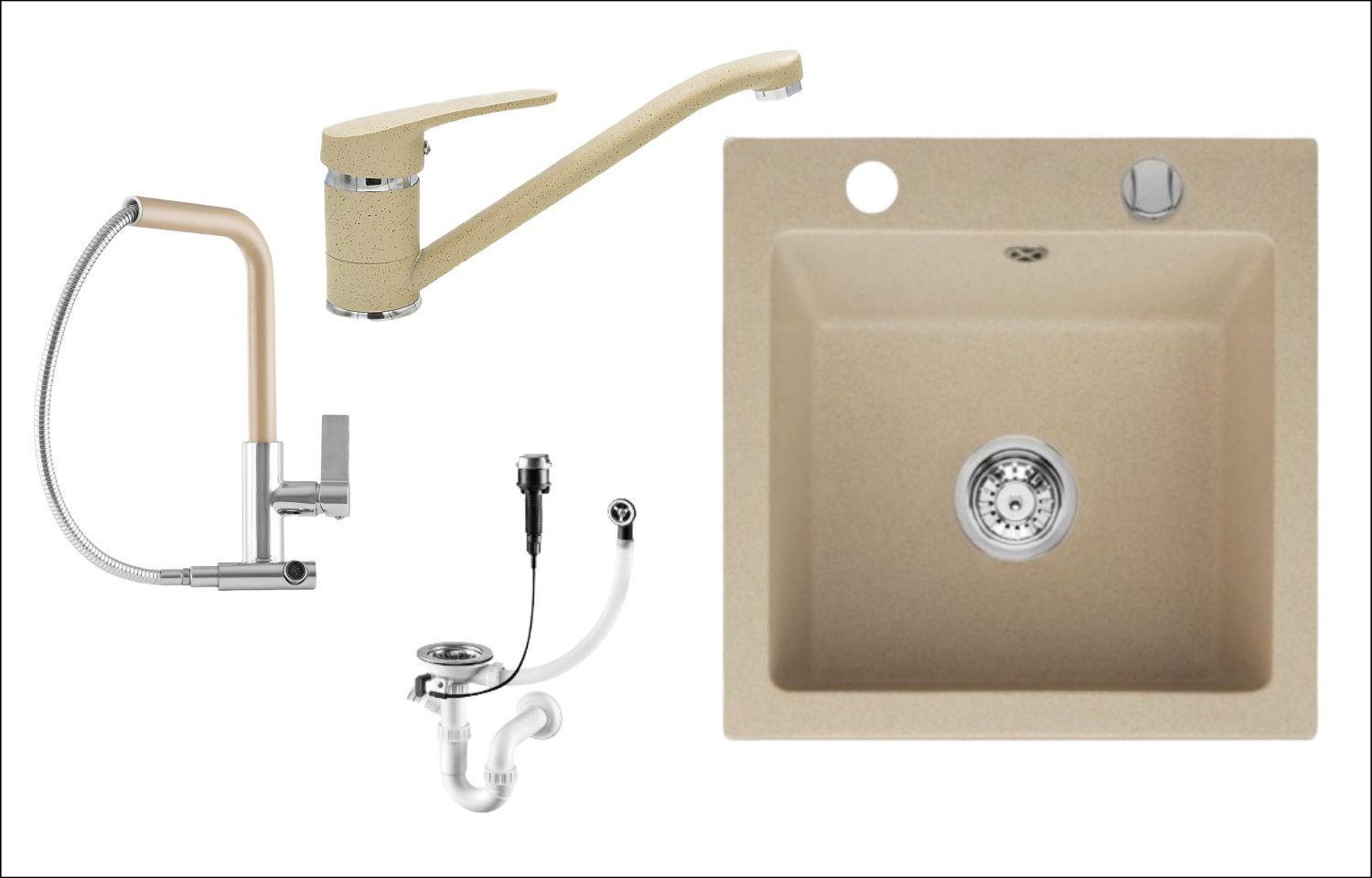 Faizee Möbel Granitspüle Granitspüle 48x50 Beige +Armatur Küchenspüle inkl. Siphon Set, Eckig, 48/50 cm