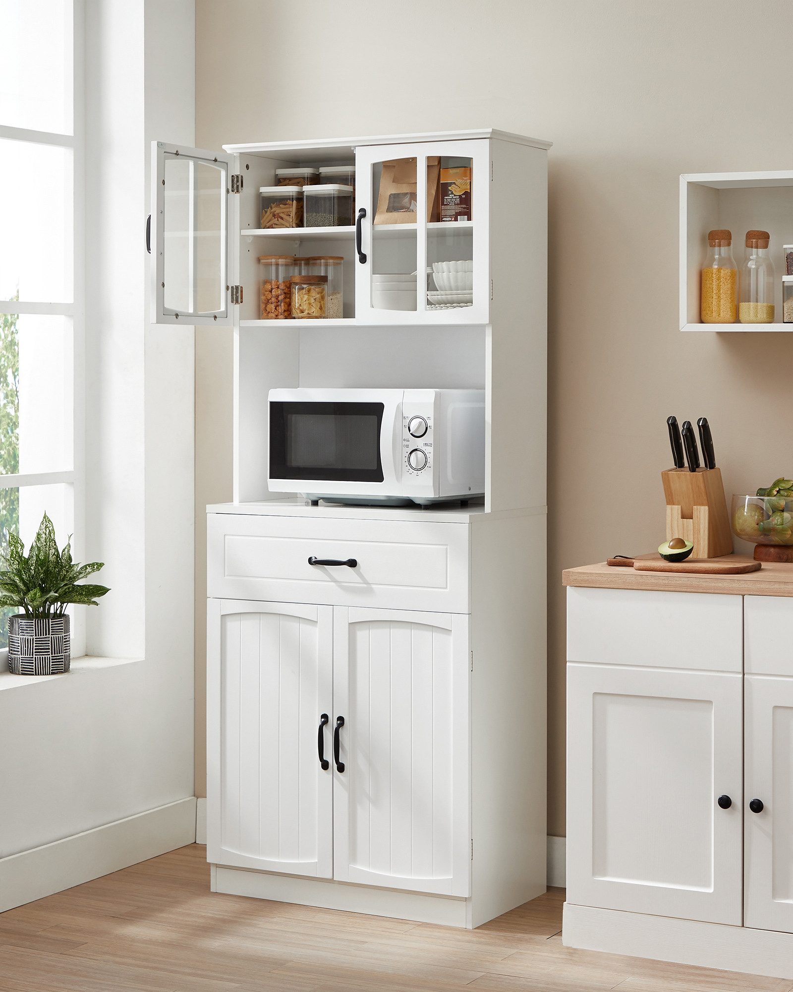 VASAGLE Buffet Küchenschrank Mehrzweckschrank mit verstellbaren Einlegeböden moderner Stil, Schublade, Vorratsschrank, Glastüren, Kabelloch – Bild 2 von 5