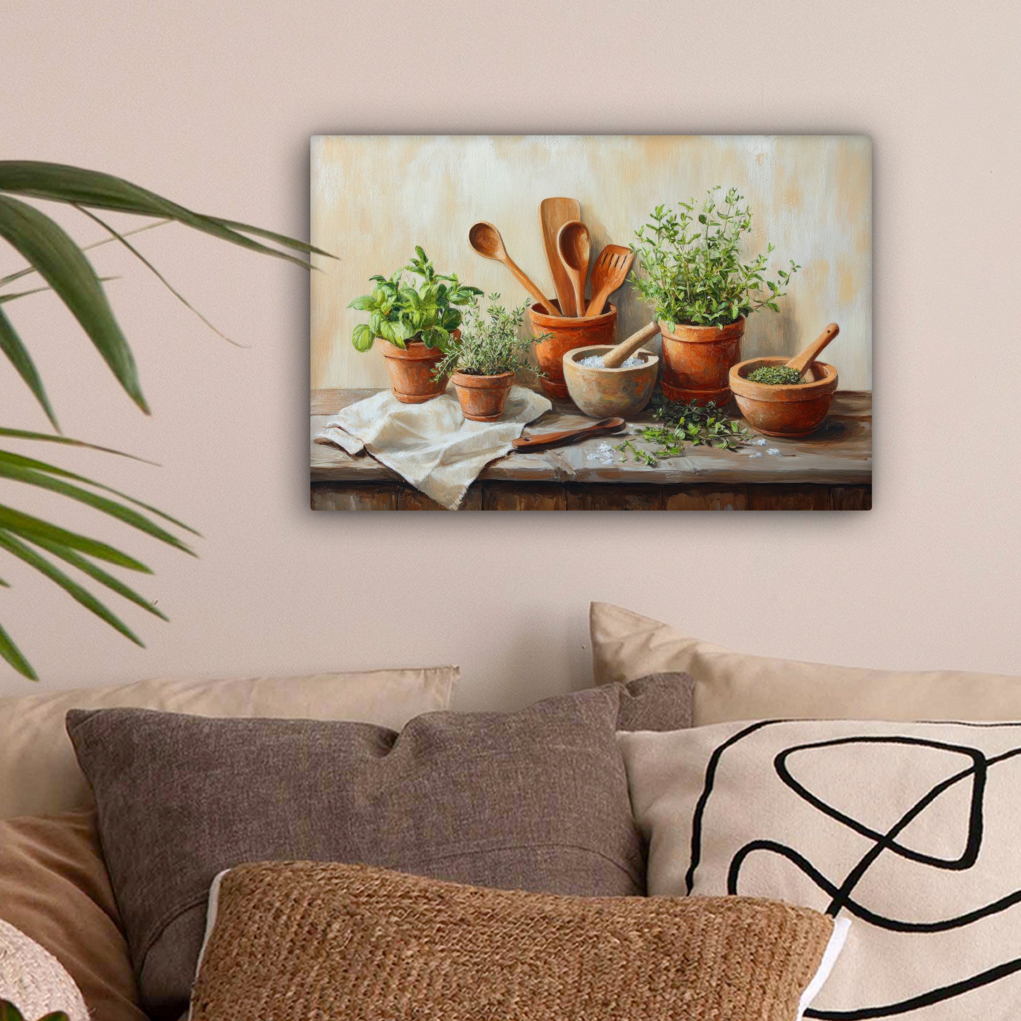 OneMillionCanvasses® Leinwandbild Töpfe - Kräuter - Holz, Fotodruck (1 St), günstig online kaufen