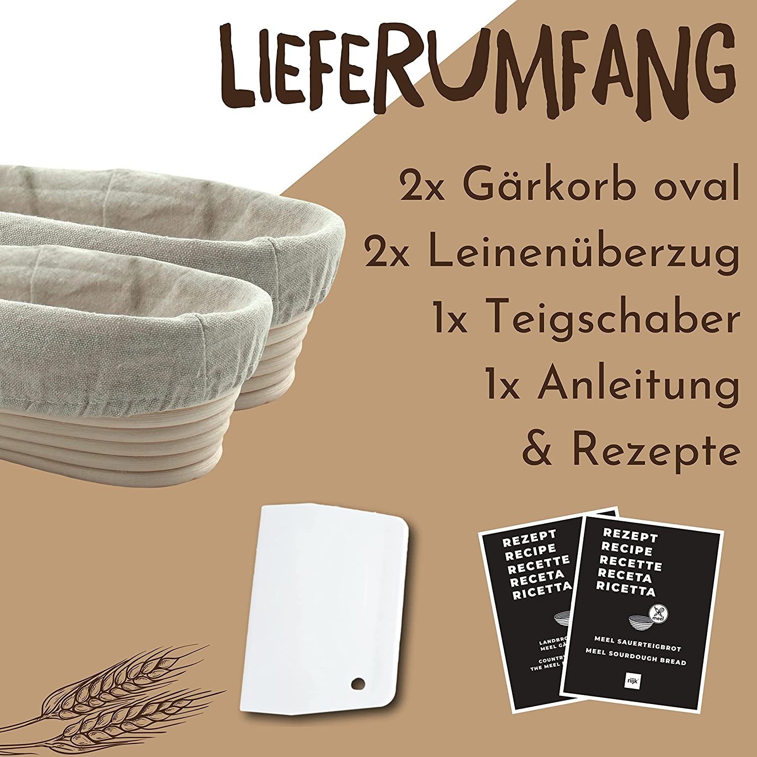riijk Gärkorb Gärkorb Set inkl. Gratis Teigschaber, (Gärkorb Set oval: 28+35cm, plus Leinentücher und Teigschaber), Gärkorb 2er Set + Teigschaber und Leinentücher