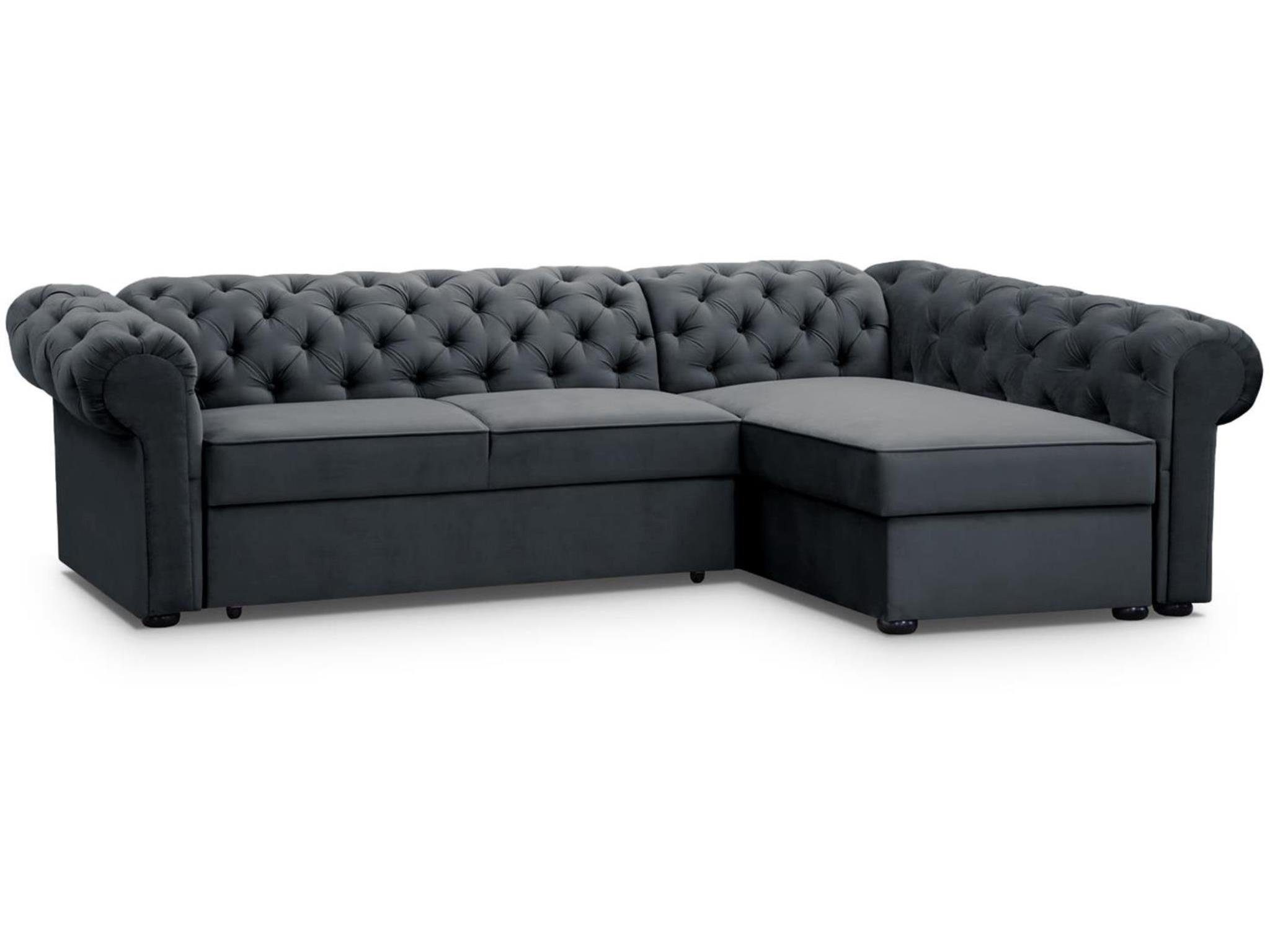Beautysofa Ecksofa Chester L – Elegantes Chesterfield‑Ecksofa aus Velours, Polsterecke mit Bettkasten & Schlaffunktion, Liegefläche: 124x209 cm Polsterecke mit Bettkasten & Schlaffunktion