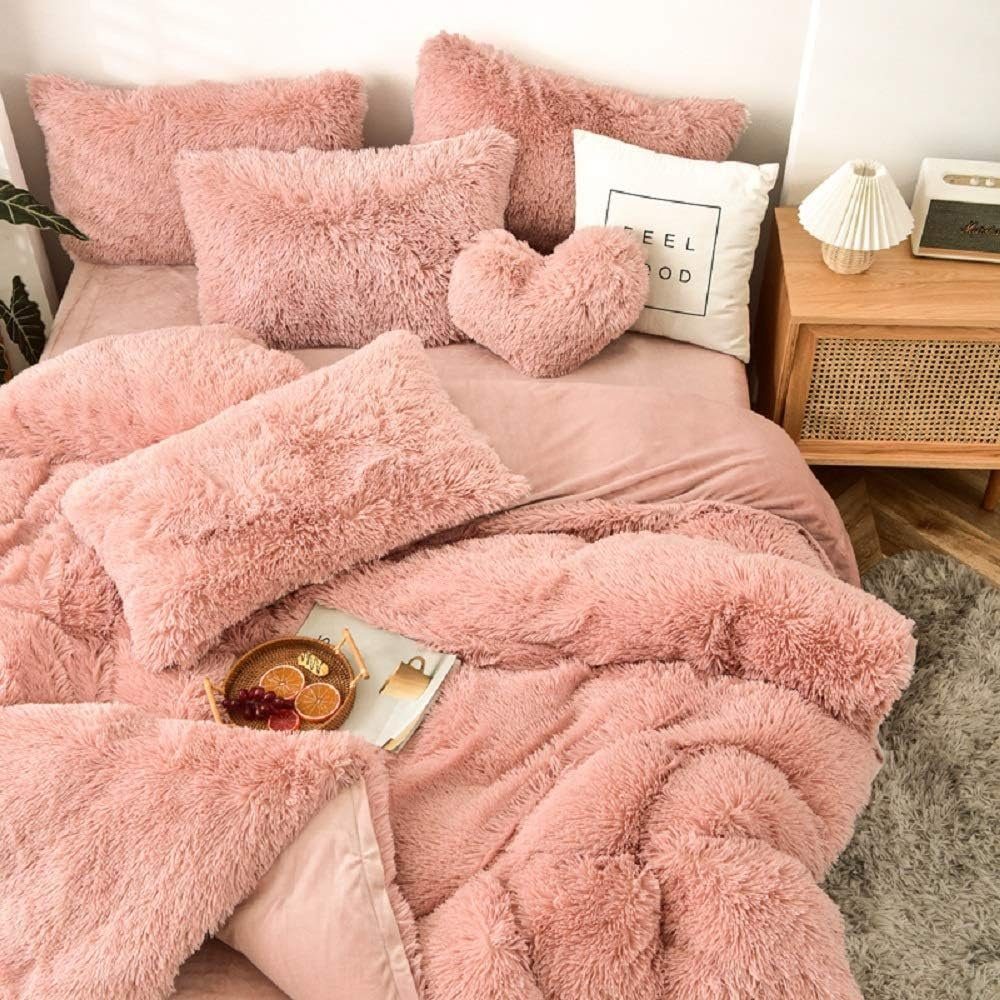Deckenbezug Flanell 80x80 Bettwäsche flauschige Bettbezug, Bettwäsche,Extra Kissenbezug Mutoy, mit Rosa und Reißverschluss Felloptik,Warme Plüsch