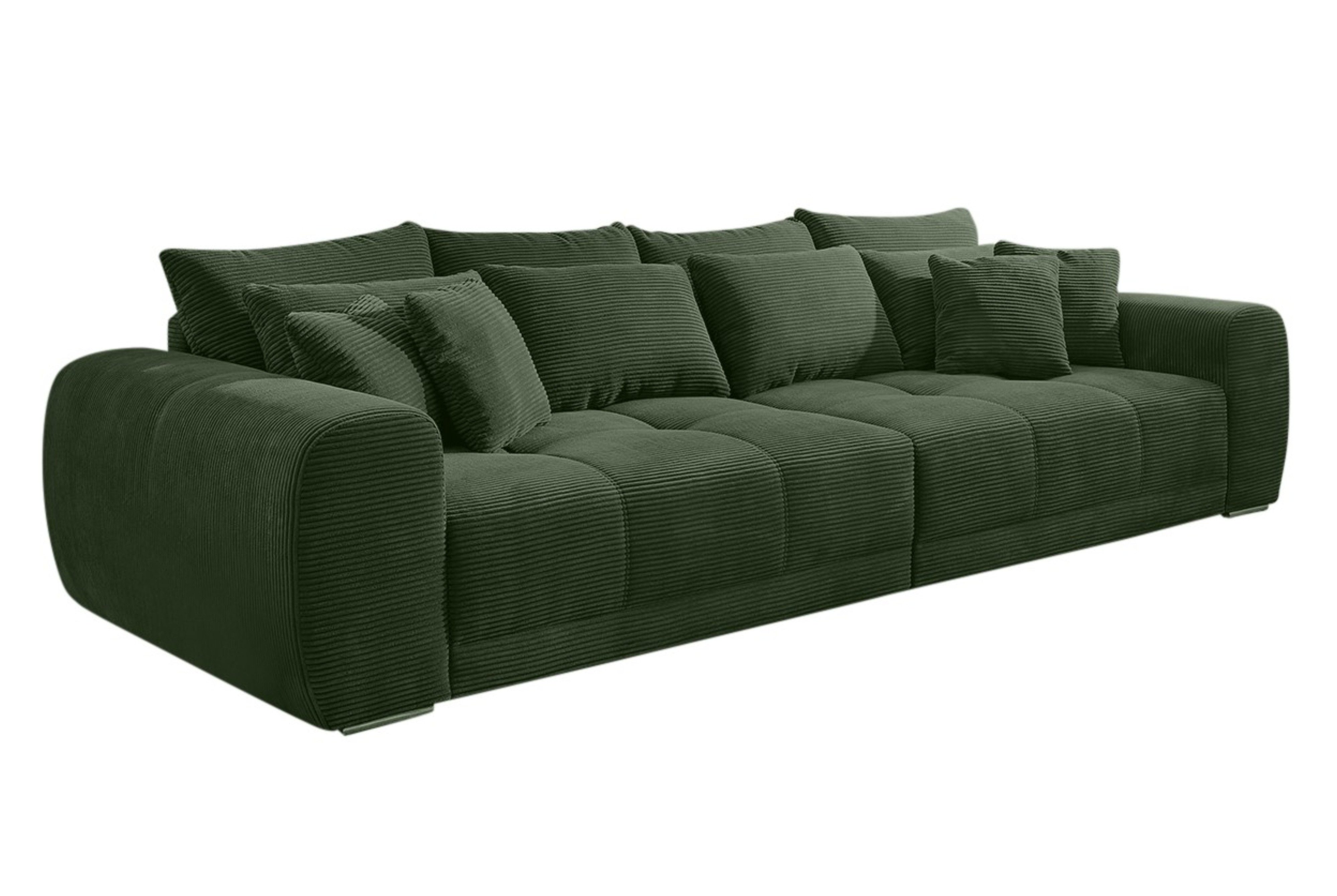 luma-home Big-Sofa 15172, XXL-Couch B306/T134/H86 cm, Liegefläche 120x240 cm mit Federkernpolsterung, viele Kissen, markante Steppungen, Cordstoff Grün