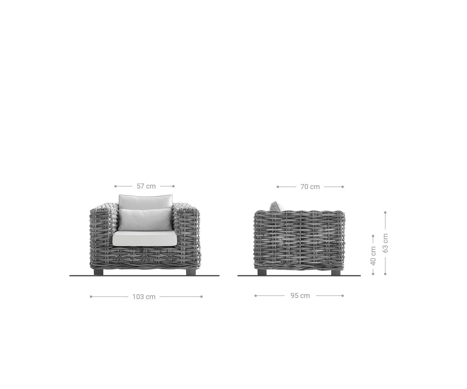 Kissen cm braun Loungesessel Nizza, mit Grau grau aus Braun 103x95 / Gartensessel Rattan DELIFE