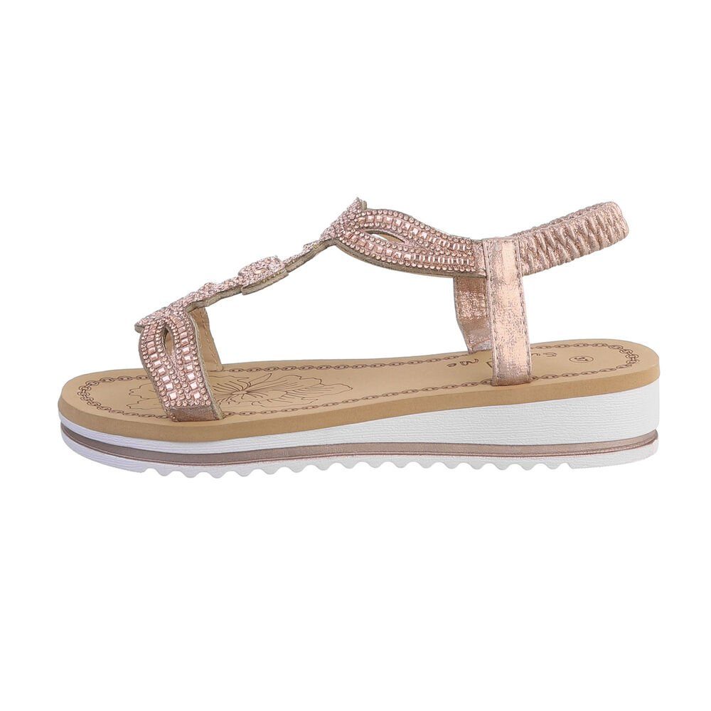 Ital-Design Damen Freizeit Riemchensandalette Keilabsatz/Wedge Keilsandaletten in Roségold