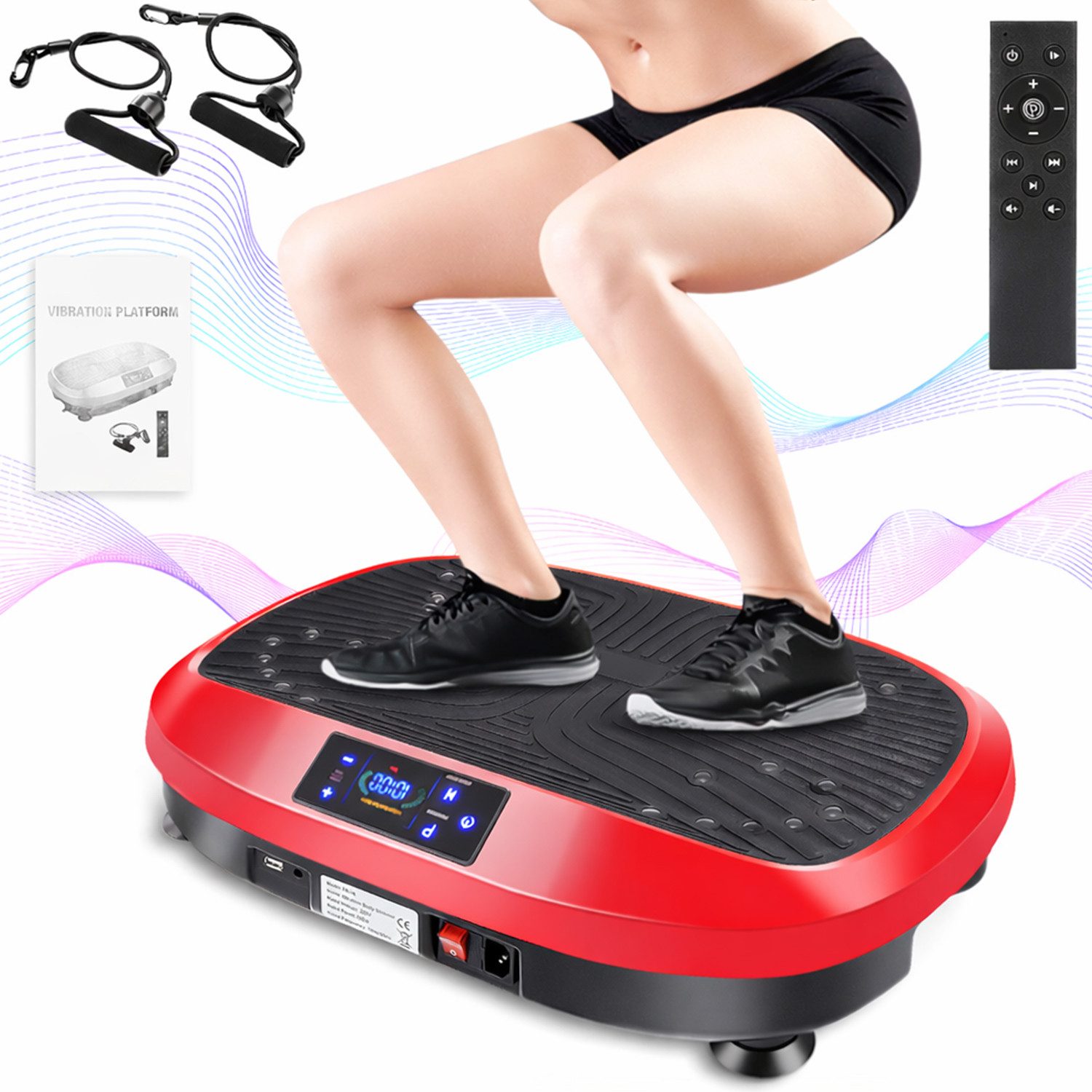 LETGOSPT Vibrationsplatte Vibrationsplatte Größe 57,5 x 42,5 x 17 cm, Bis 200KG, 200 W, 120 Intensitätsstufen, (mit Trainingsbandern, Ganzkörpertraining zu Hause), Ultra leisem Motor, Fernbedienung, Seitliche Transporträder