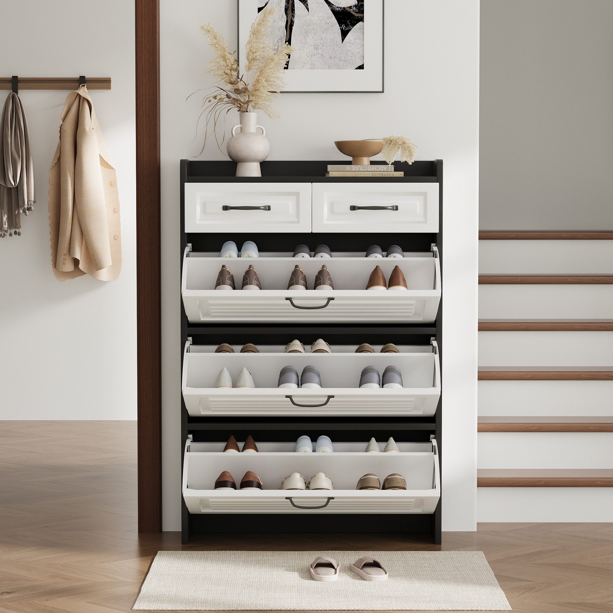 KLAM HOME Schuhkommode Schuhkommode mit drehbarem Schuhschrank, B80/T23.5/H125 cm, Schuhschrank mit 3 großen Klappen und 2 Schubladen