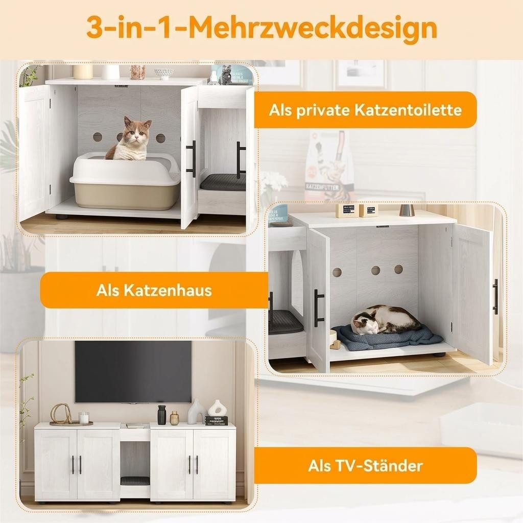 GarveeMore Katzentoilette verstecktes aus Holz mit Doppelraum für 2 Katzen, 55" großes verstecktes Katzentoilettengehäusemöbel mit Doppelzimmern