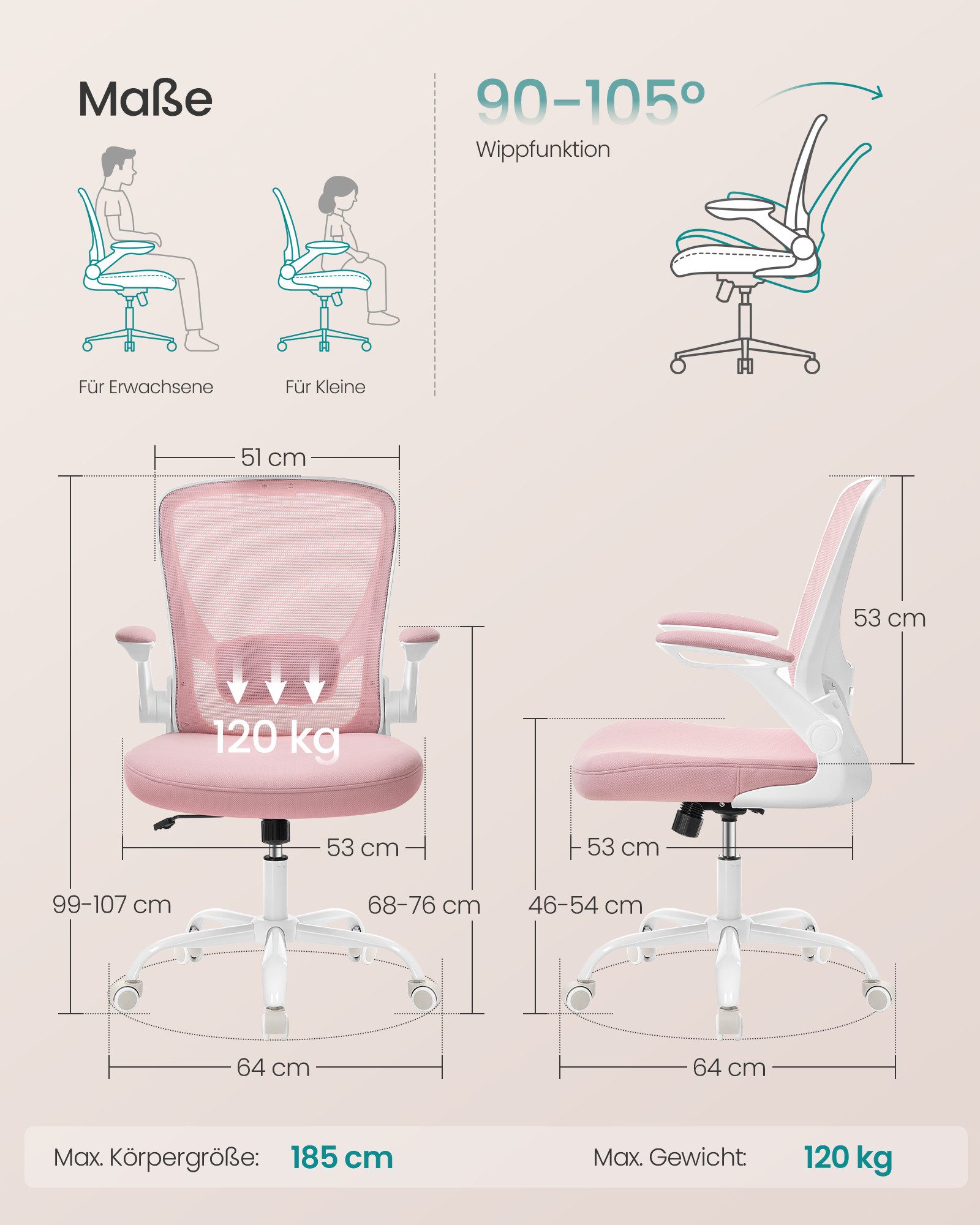 SONGMICS Bürostuhl ergonomischer Drehstuhl mit Mesh, Lendenstütze, Wippfunktion, ohne Kopfstütze, 53 cm breite Sitzfläche und klappbaren Armlehnen – Bild 3 von 5