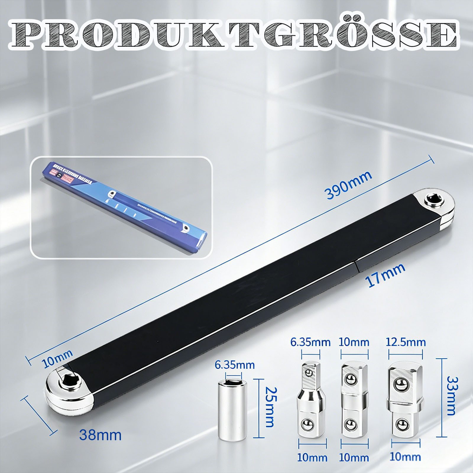 JOYOLEDER Drehmomentschlüssel Offset Extension Wrench Set, Offset Verlängerungsschlüssel – 39cm (15 Zoll) Ratschenverlängerung mit Kettenantrieb –, Inkl. 1/4", 3/8" & 1/2" Adapter), -Torque für Engstellen im KFZ-Motorraum