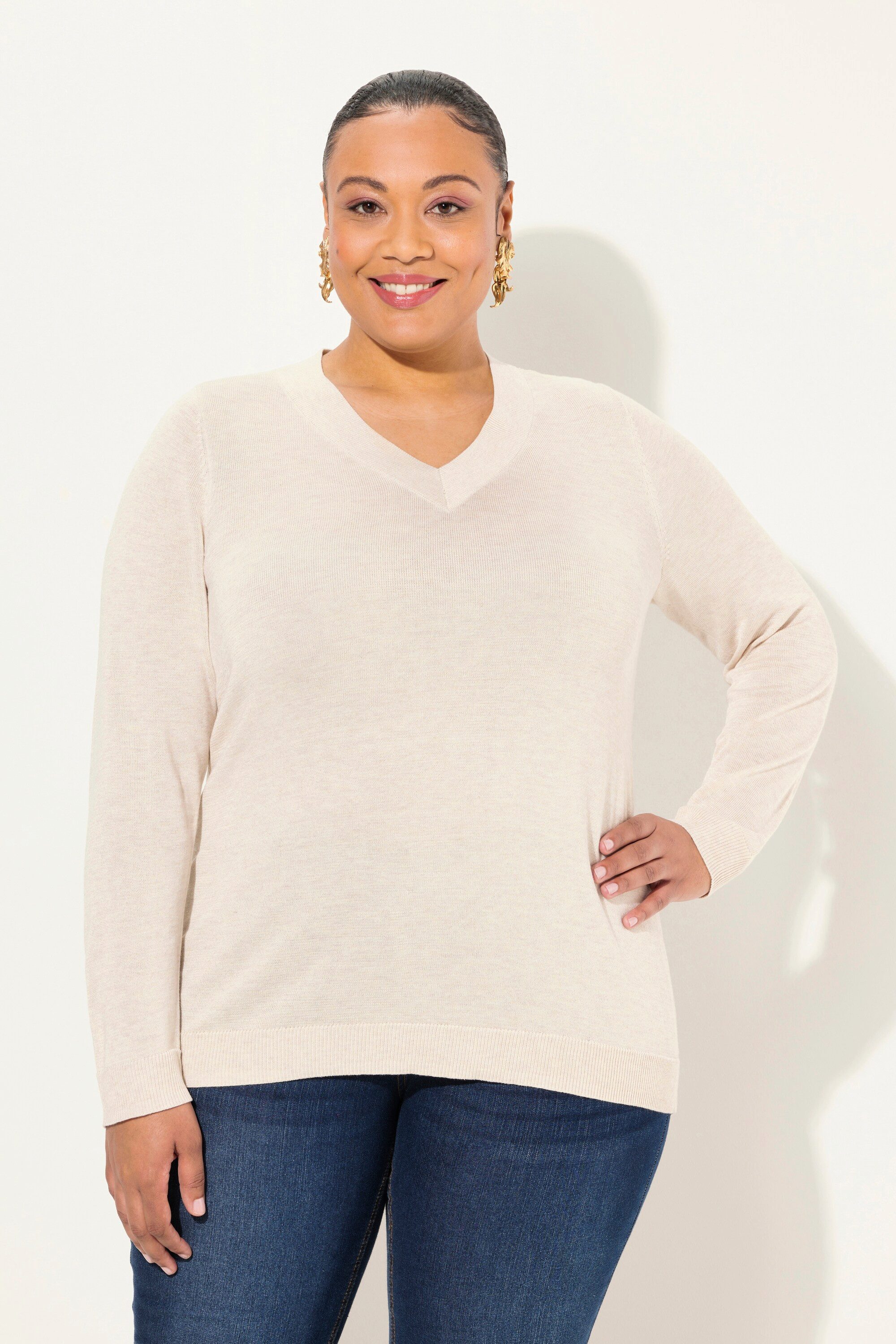 Ulla Popken Strickpullover Pullover V-Ausschnitt Langarm günstig online kaufen