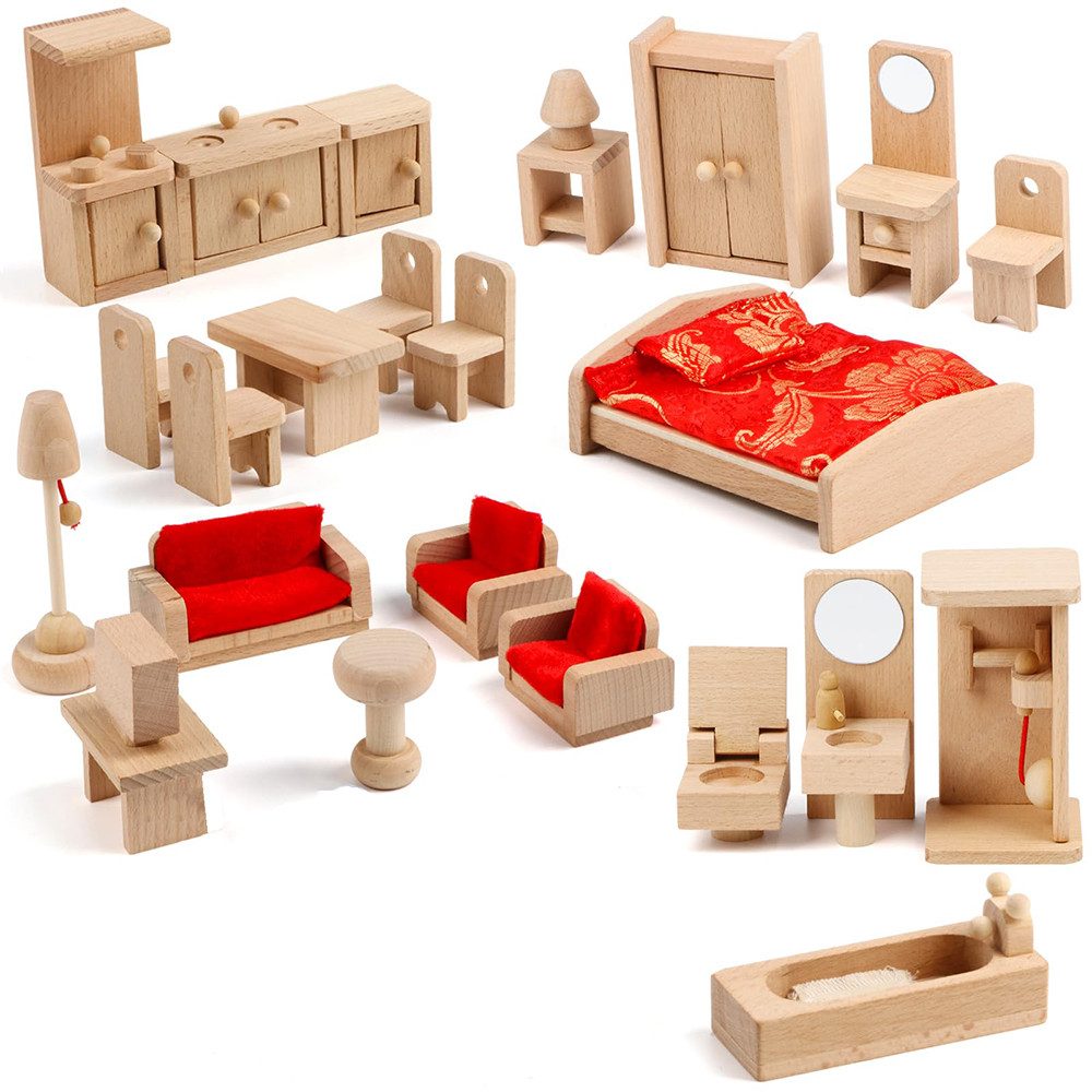 CLTYQ Puppenhausmöbel 4-Raum-Set aus Holz Miniatur-Holzmöbeln Puppenhausmöbel, Rollenspiel-Spielzeug,kreativ interaktiv,Puppenmöbel Style