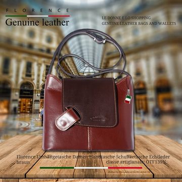 FLORENCE Schultertasche Florence Umhängetasche Damen Handtasche (Schultertasche), Damen Leder Schultertasche, Umhängetasche, braun, dunkelbraun ca. 23cm