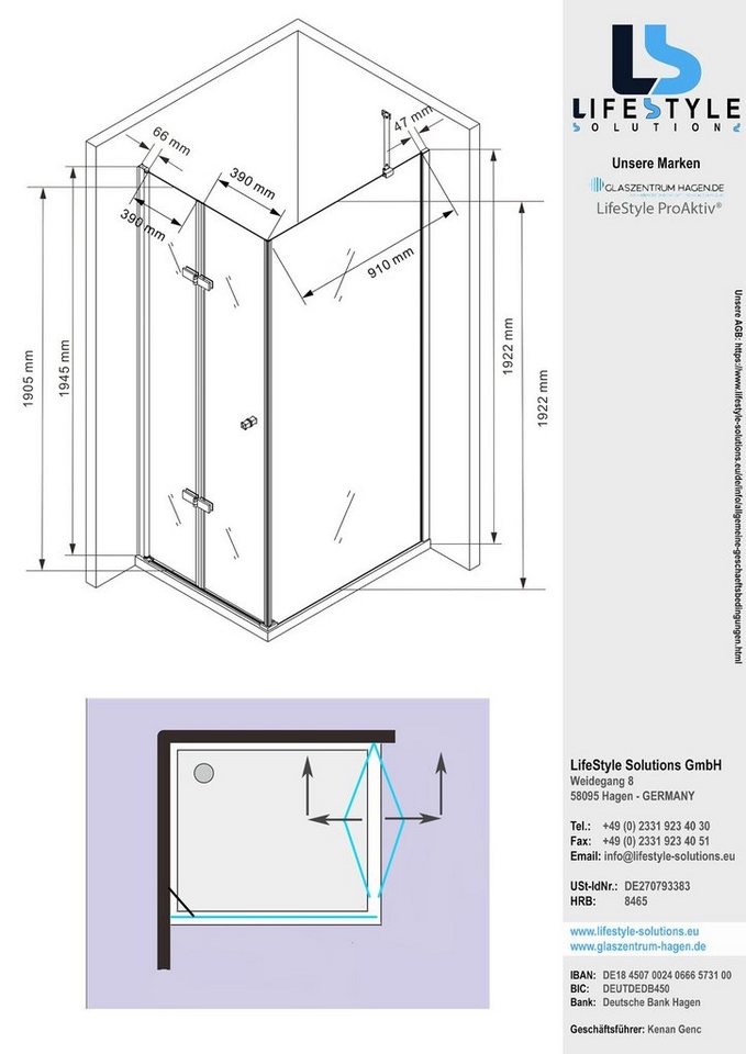 Thumbnail - Glaszentrum Hagen Eckdusche Glaszentrum Hagen - 90x100x195cm - Nora Duschkabine Dusche Duschabtren