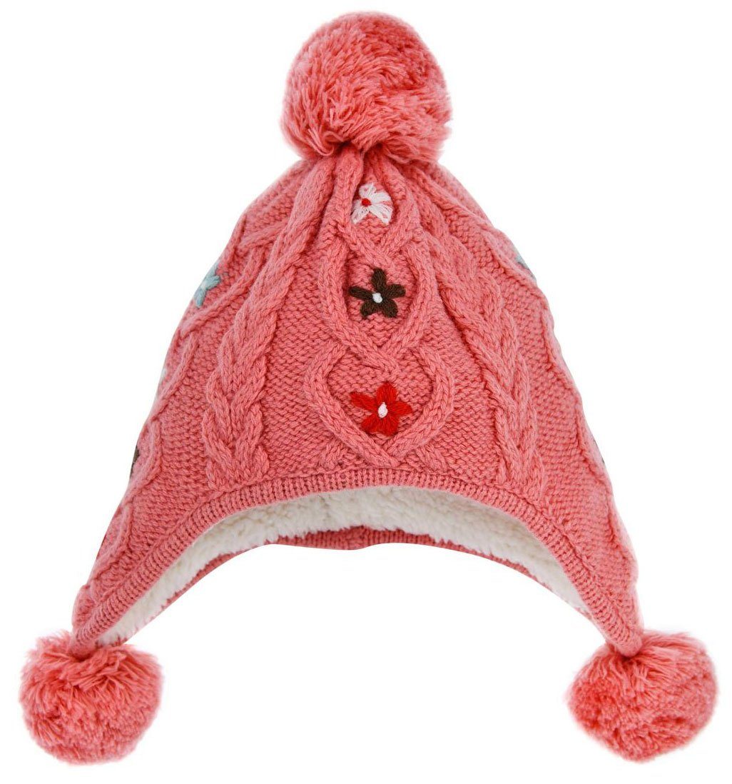 BONDI Strickmütze Mädchen Baby Wintermütze "Alpenglück" mit Blümchen Stickerei 86365 - Melba Rot - Gefütterte Bommelmütze mehr