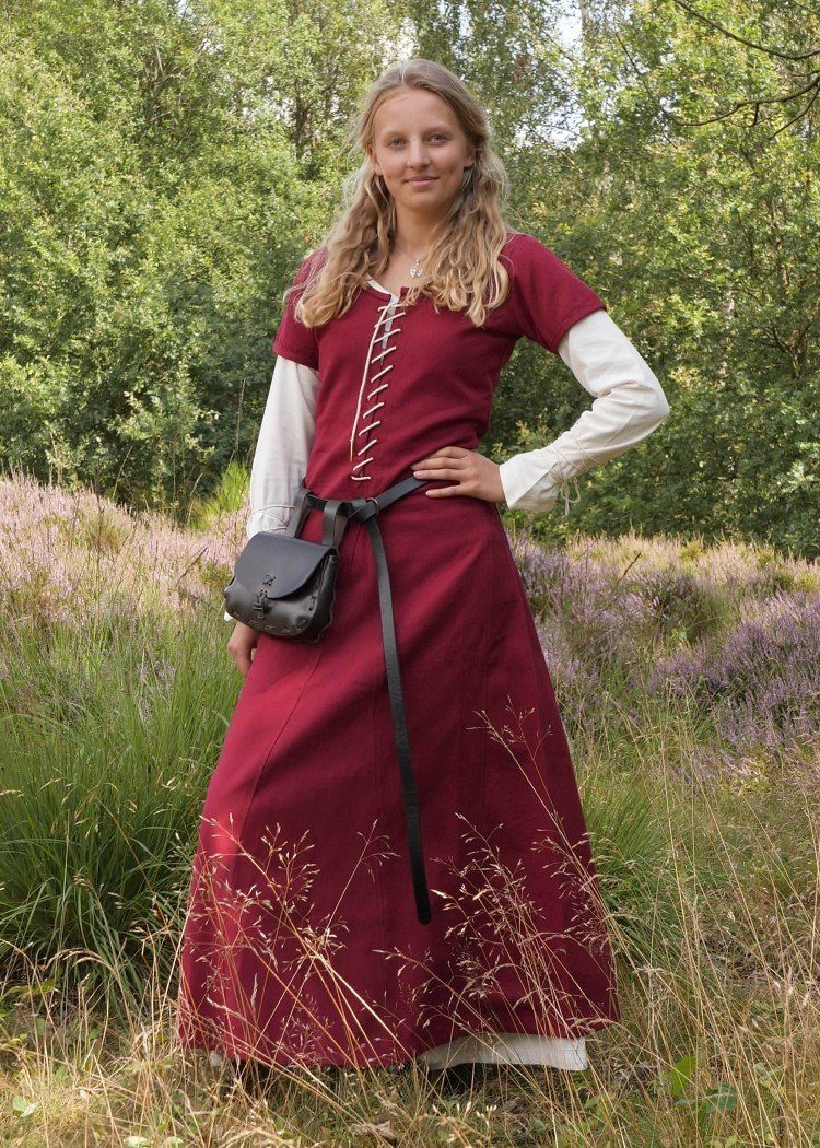 Battle Merchant Ritter-Kostüm Kurzärmelige Cotehardie Mittelalter Kleid Ava Weinrot Größe M