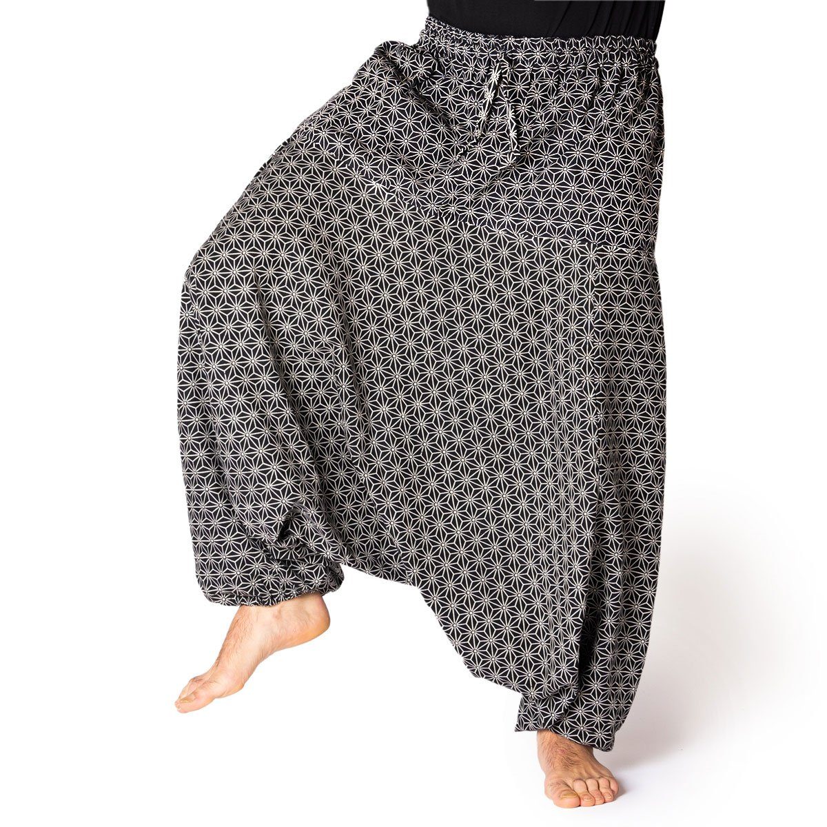 grob Haremshose PANASIAM Baumwolle Damen schwarz mit japanischen gewebter Aladinhose bedruckt bequeme Freizeithose Mustern 100% Relaxhose aus Pumphose Geometrix Asanoha