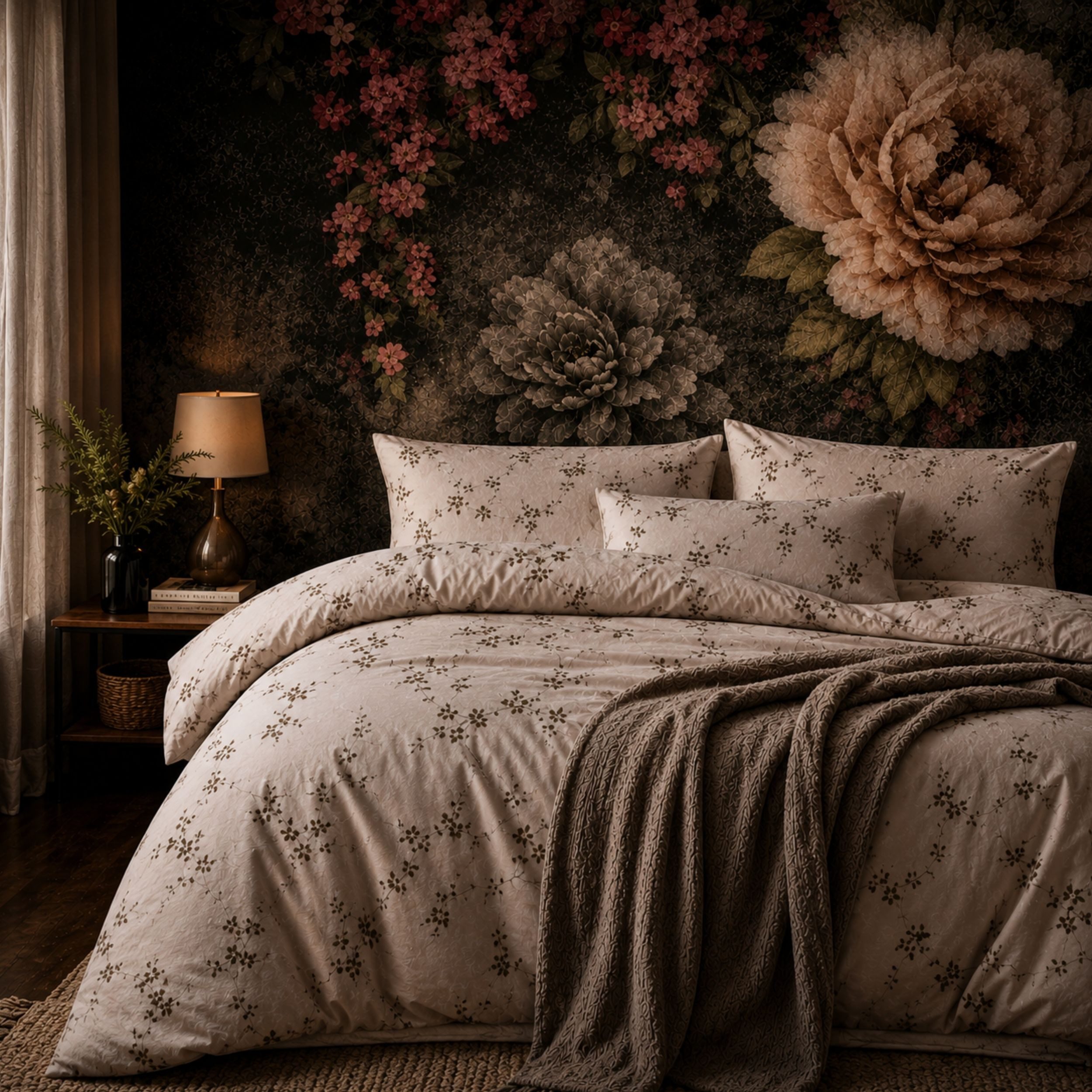 ZIRVEHOME Bettwäsche Baumwolle Bettbezug Beige mit Schwarz Weißem Blumen und Zweigmuster, Renforce, 2 teilig, 135x200 Bettbezug Baumwolle Ganzjahres-Bettwäsche mit blumenmuster