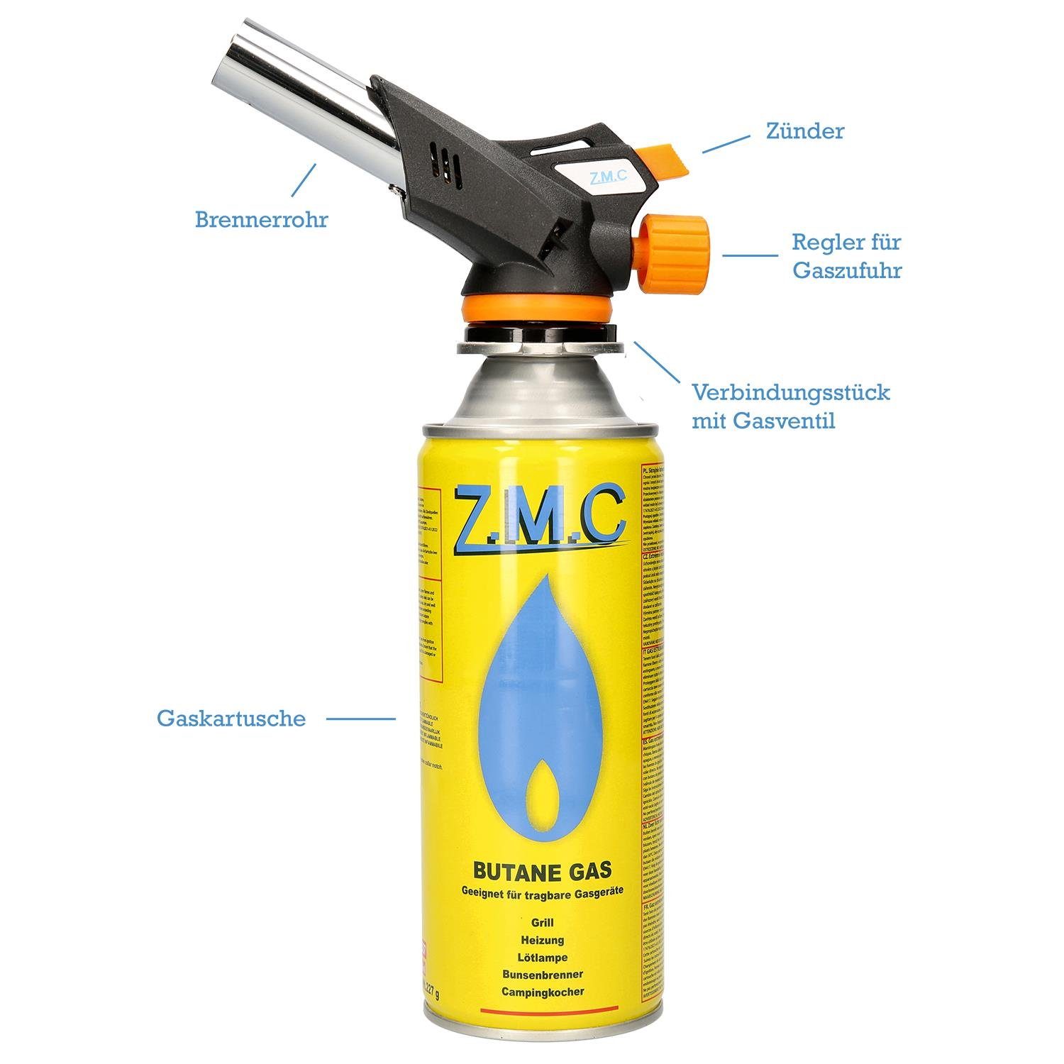 ZMC Flambierbrenner Bunsenbrenner Grillanzünder Lötlampe mit 10x Gaskartuschen 227g MSF-1a, (Temperatur von bis zu 1300 ° C, Einstellbare Flamme, Piezo-Zündung, Kohleanzünder Flambierbrenner Butangasbrenner Butangas Gaskartusche), Brenneraufsatz Gasbrenner Flambiergerät Lötbrenner Gasanzünder