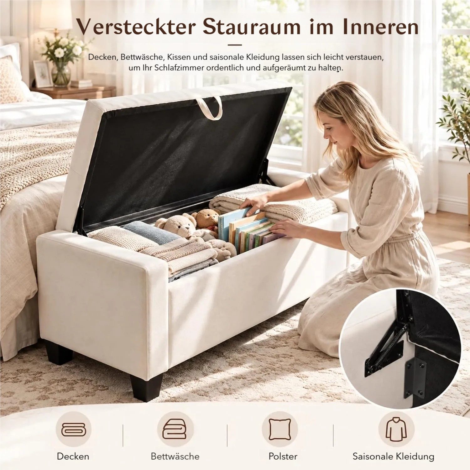 TLGREEN Bettbank Samt Sitzbank mit Stauraum,123x49x42 cm Aufbewahrungsbank, (bis 200 kg belastbar), für Wohnzimmer Schlafzimmer Flur – Bild 4 von 5