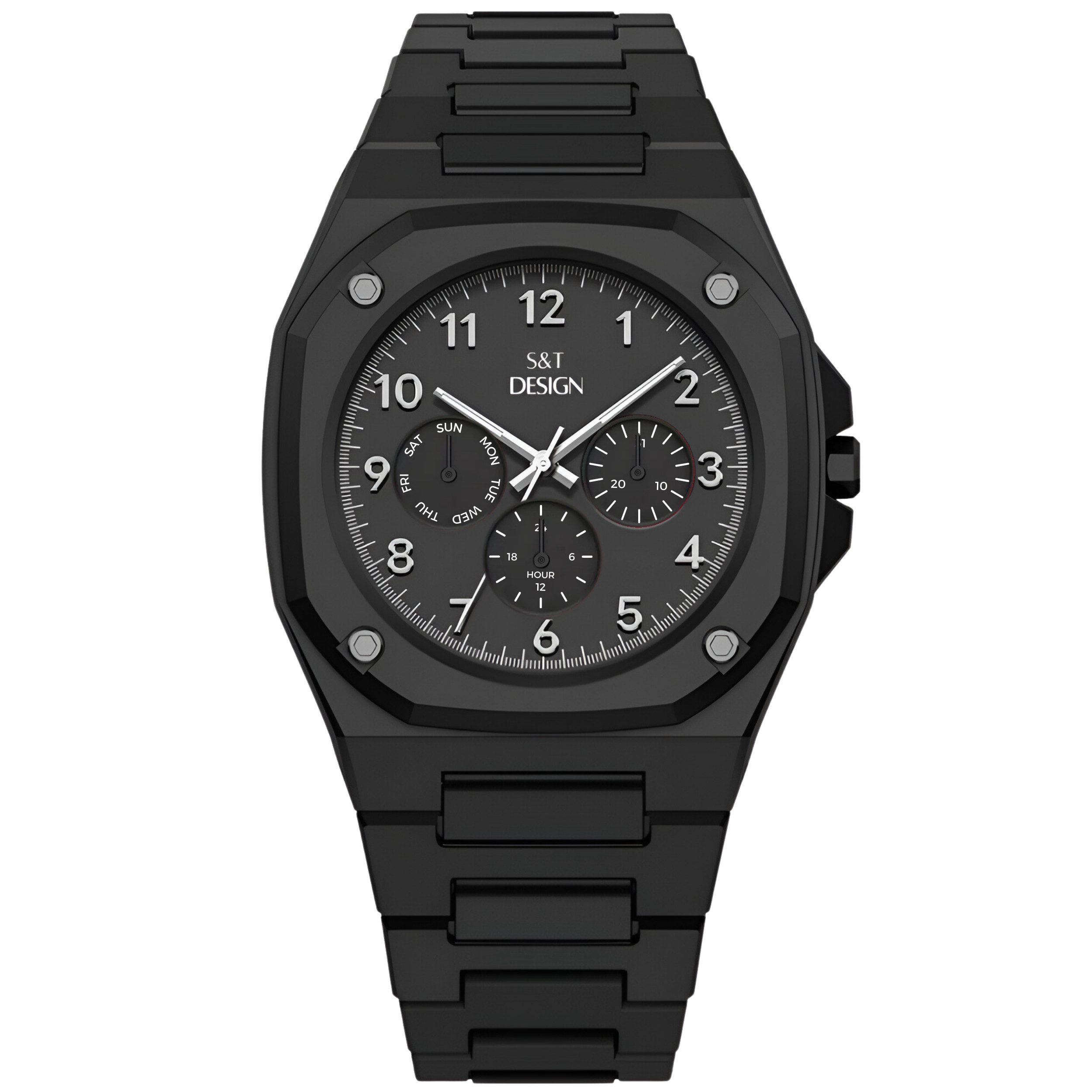 S&T Design Quarzuhr Herrenuhr Armbanduhr Schwarz Matte Männer Uhr Arabisch All Black, (Packung, 1-tlg., mit Armbandkürzer und Geschenkbox), Ultraleichte Herrenuhren 40g Matt Weich Elegant Minimalistisch Schwarz