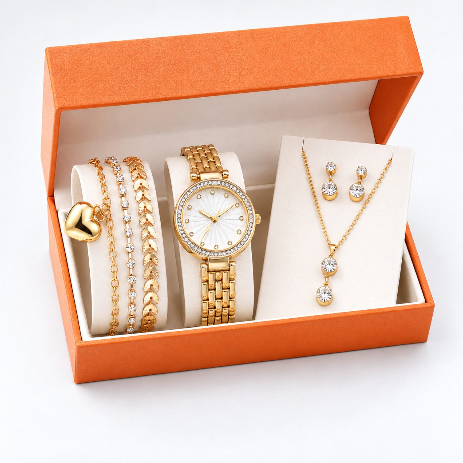 ibettertec Quarzuhr Damen Armbanduhr mit Schmuck Set,Geschenk für Frauen, (Damenuhr Schmuckset mit Halskette, Ohrringen & 3 Armbändern, Goldene Damen Uhr mit Geschenkbox, Weihnachten, Muttertag & Valentinstag)