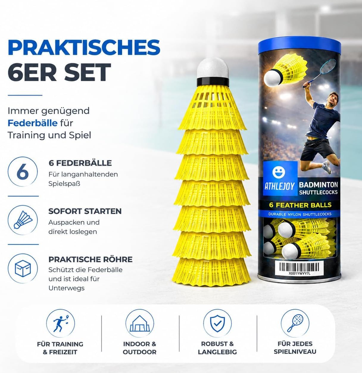 Athlejoy Federball Badminton Federbälle - Training und Wettkampf - gelb (6er-Set, 6-St., 6-teilig)