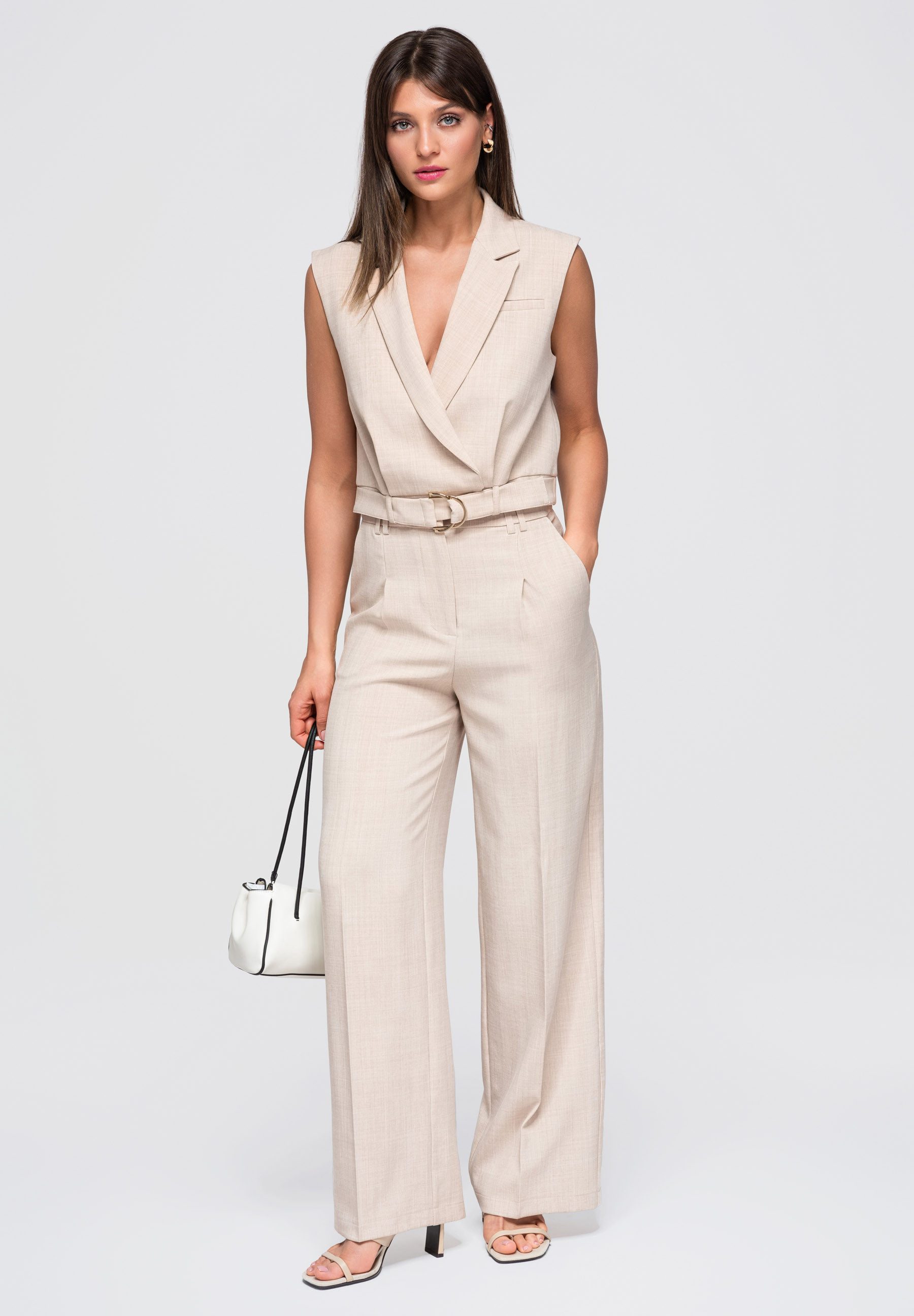 OMBRE Anzugweste Damen Anzugweste mit V-Ausschnitt und Gürtel Beige S (kein Set, 1-tlg)