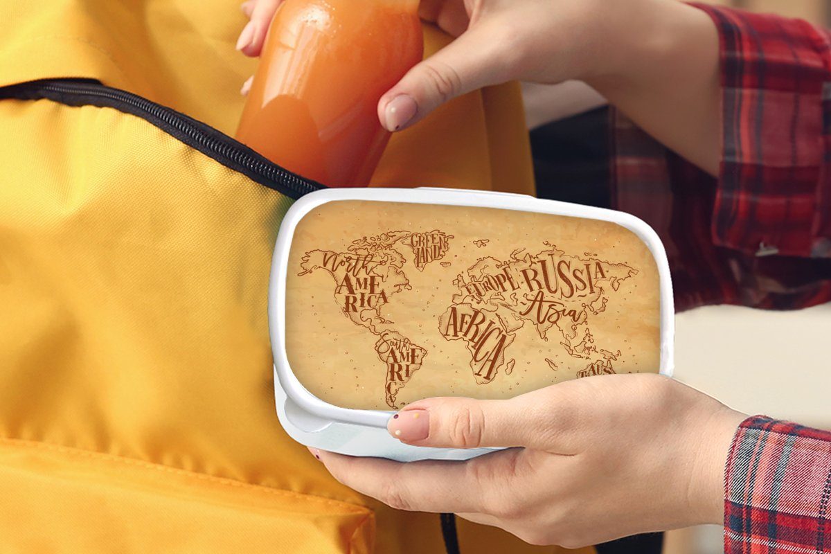 MuchoWow Lunchbox Weltkarte (2-tlg), Mädchen Kunststoff, und für Kinder und Brotdose, weiß Braun, Erwachsene, - Brotbox Jungs Retro für 
