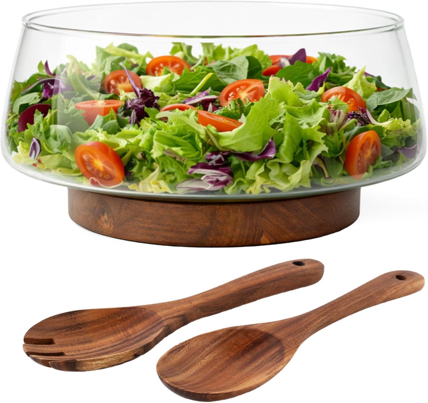 MiaMio Salatschüssel 3,5 l mit Holzständer und Salatbesteck, Glas, (Set, 4-tlg), Glasschüssel spülmaschinengeeignet