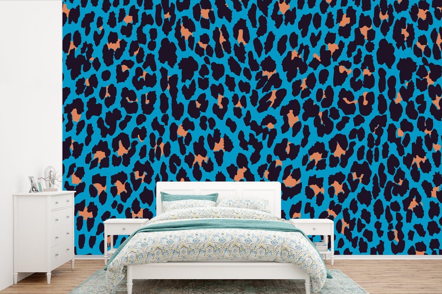 MuchoWow Fototapete Leopardenmuster - Design - Blau, Matt, bedruckt, (6 St), Wallpaper für Wohnzimmer, Schlafzimmer, Kinderzimmer, Vinyl Tapete