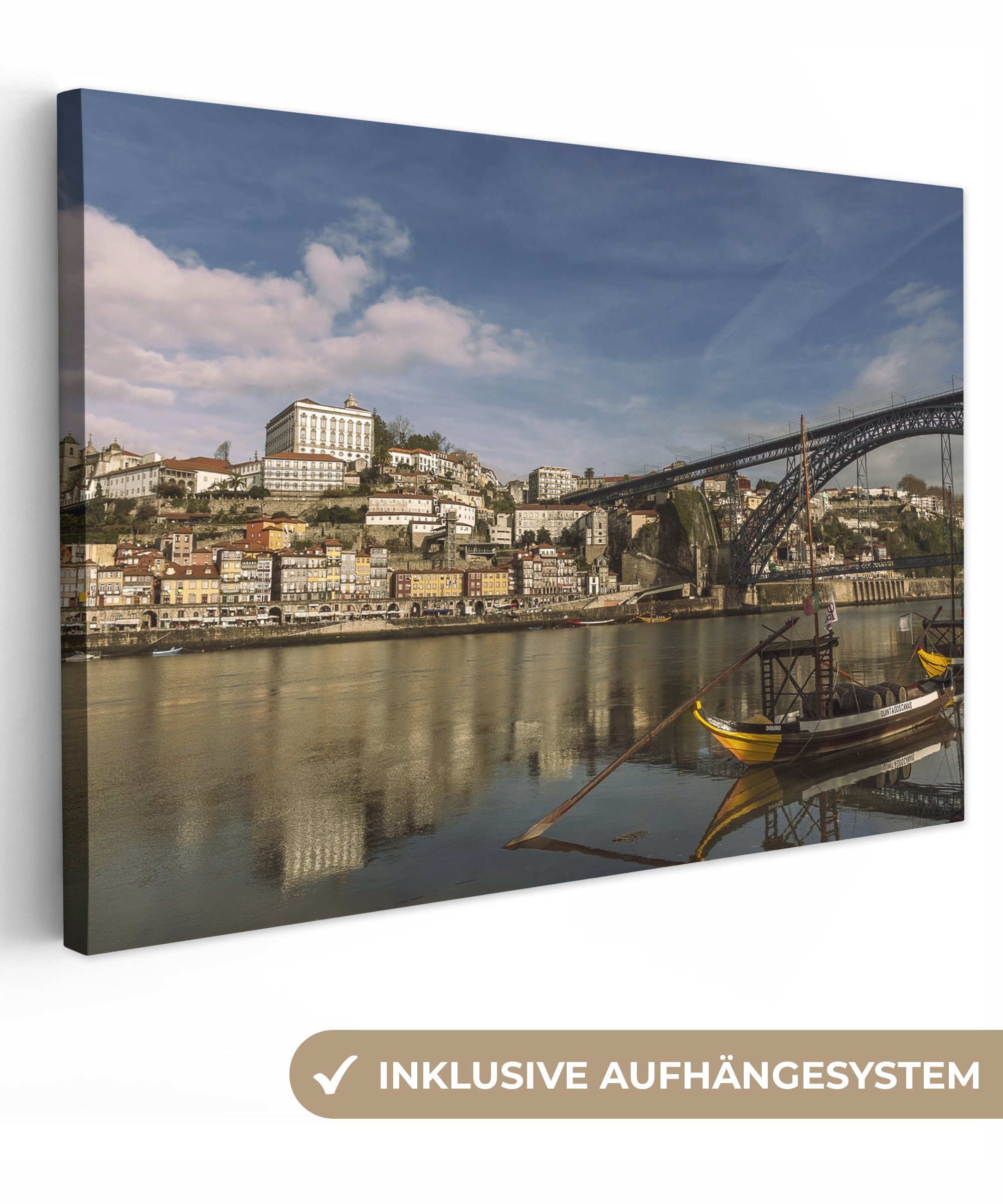 OneMillionCanvasses® Leinwandbild Fluss - Porto - Brücke, (1 St), Wandbild Leinwandbilder, Aufhängefertig, Wanddeko, 30x20 cm