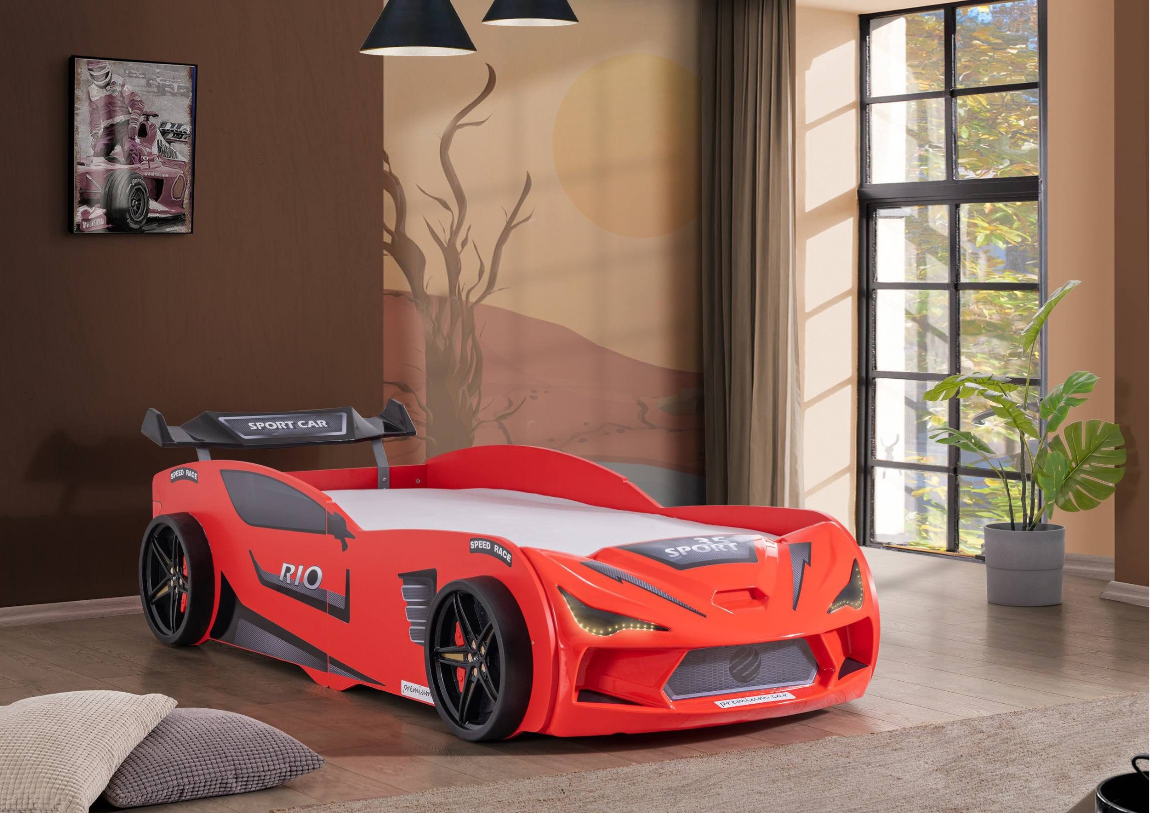 Aileenstore Autobett Rio II, Kinderbett 90 x 200 cm, inkl. Lattenrost, Heckspoiler LED-Beleuchtung