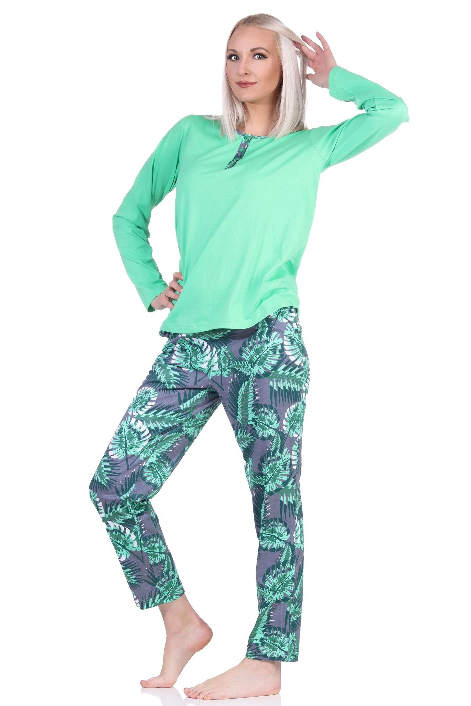 Normann Pyjama Damen Schlafanzug mit floralem in Übergrößen in auch Print Hose - grün