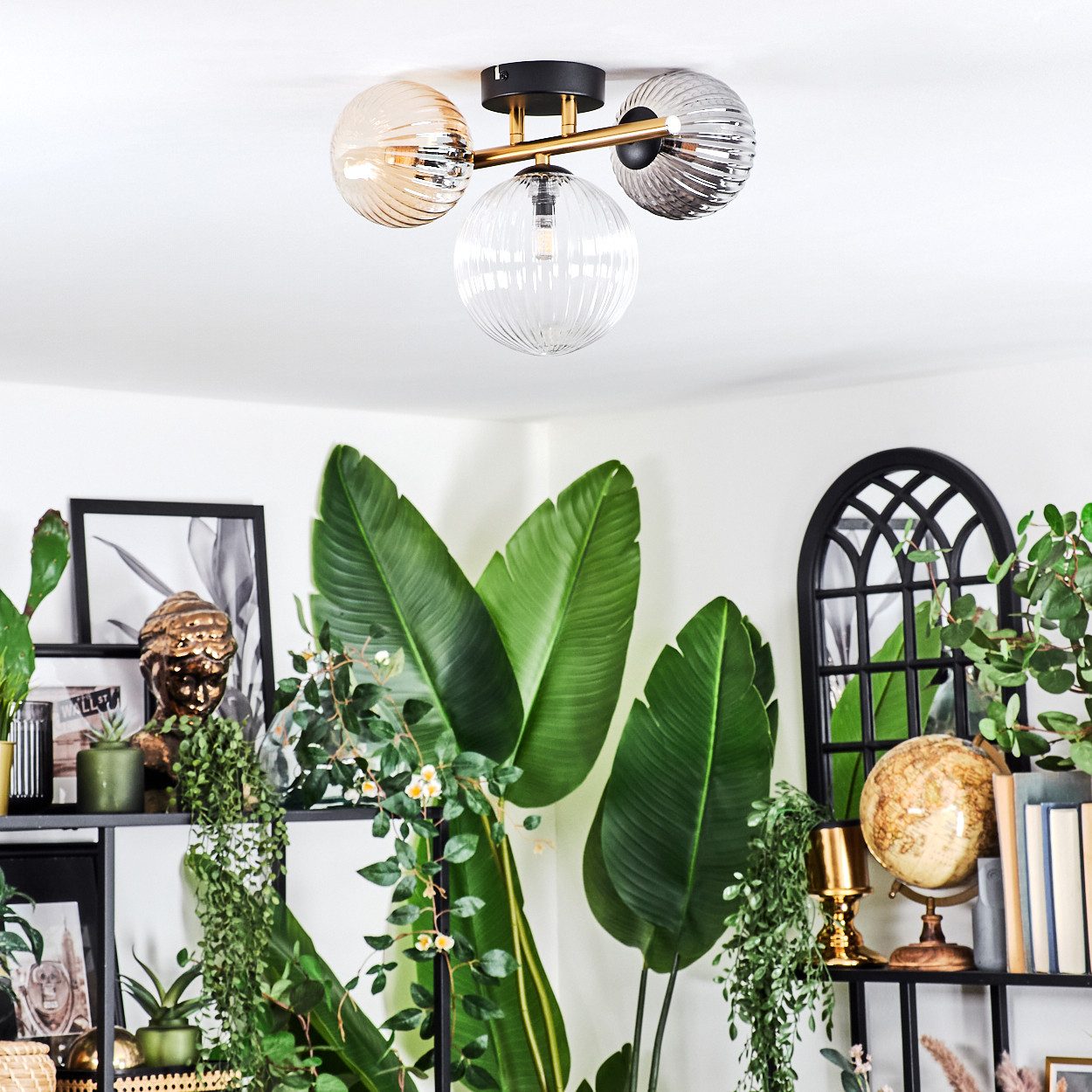 hofstein Deckenleuchte Deckenlampe aus Metall/Riffelglas in Schwarz/Gold/Rauch/Bernstein/Klar, ohne Leuchtmittel, Deckenleuchte im modernen Vintage-Design (Schirme Ø 12; 15 cm), 3 x G9