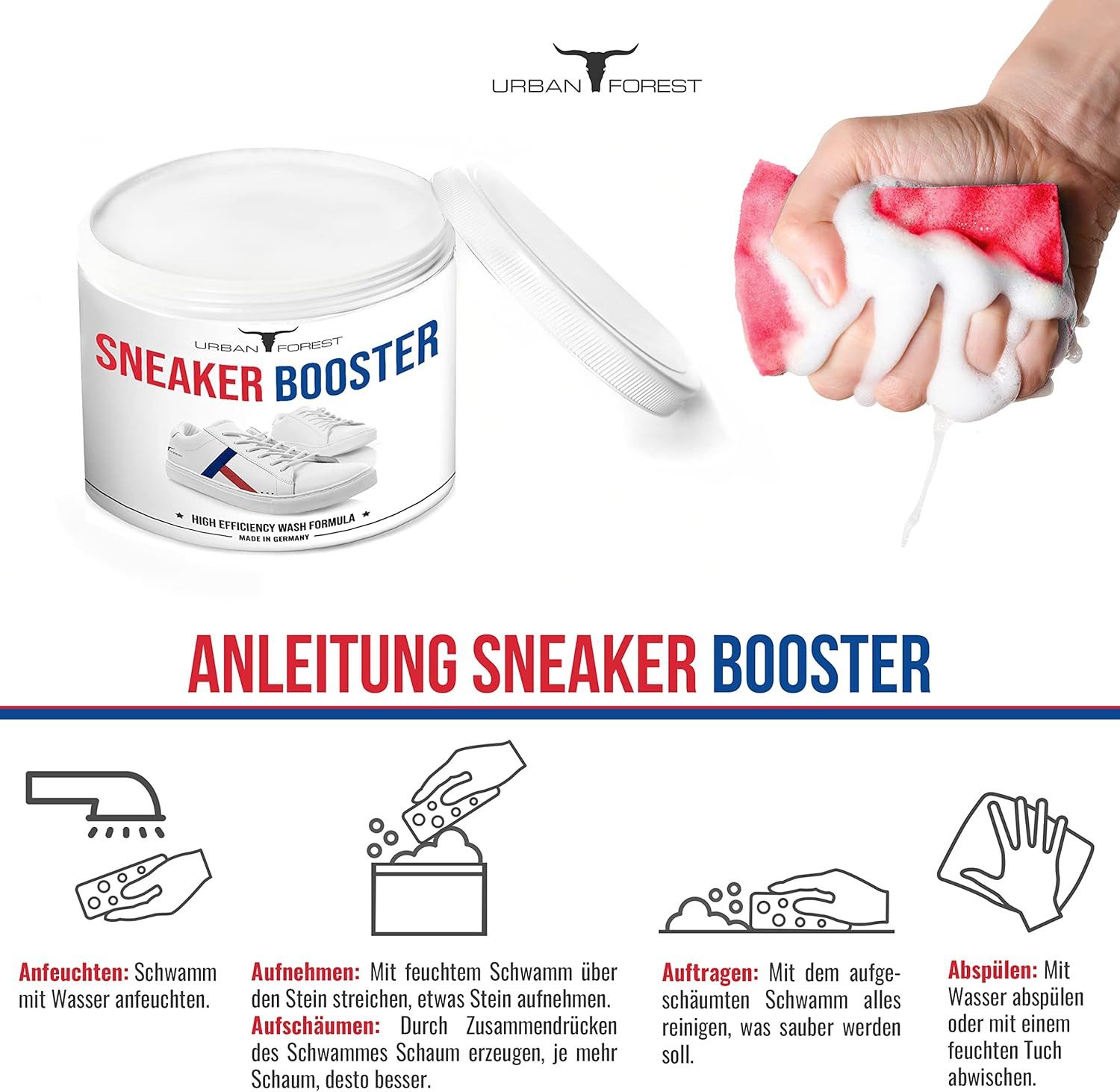 URBAN FOREST Sneaker Reiniger-Booster 250ml + Schwamm + Tücher Schuhreiniger (3-St. Booster 250ml + Schwamm+ Tücher 250ml)